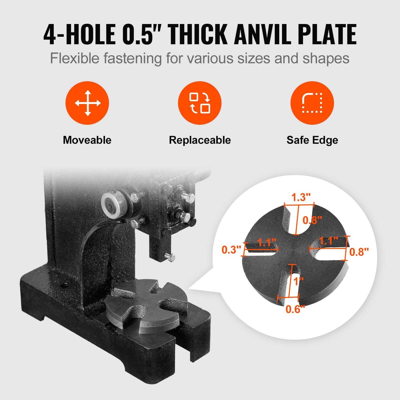 4-HOLE 0.5" THICK ANVIL PLATE  
Flexible fastening for various sizes and shapes  

- Moveable  
- Replaceable  
- Safe Edge  

1.3"  
0.8"  
0.3"  
1.1"  
1.1"  
0.8"  
1"  
0.6"
