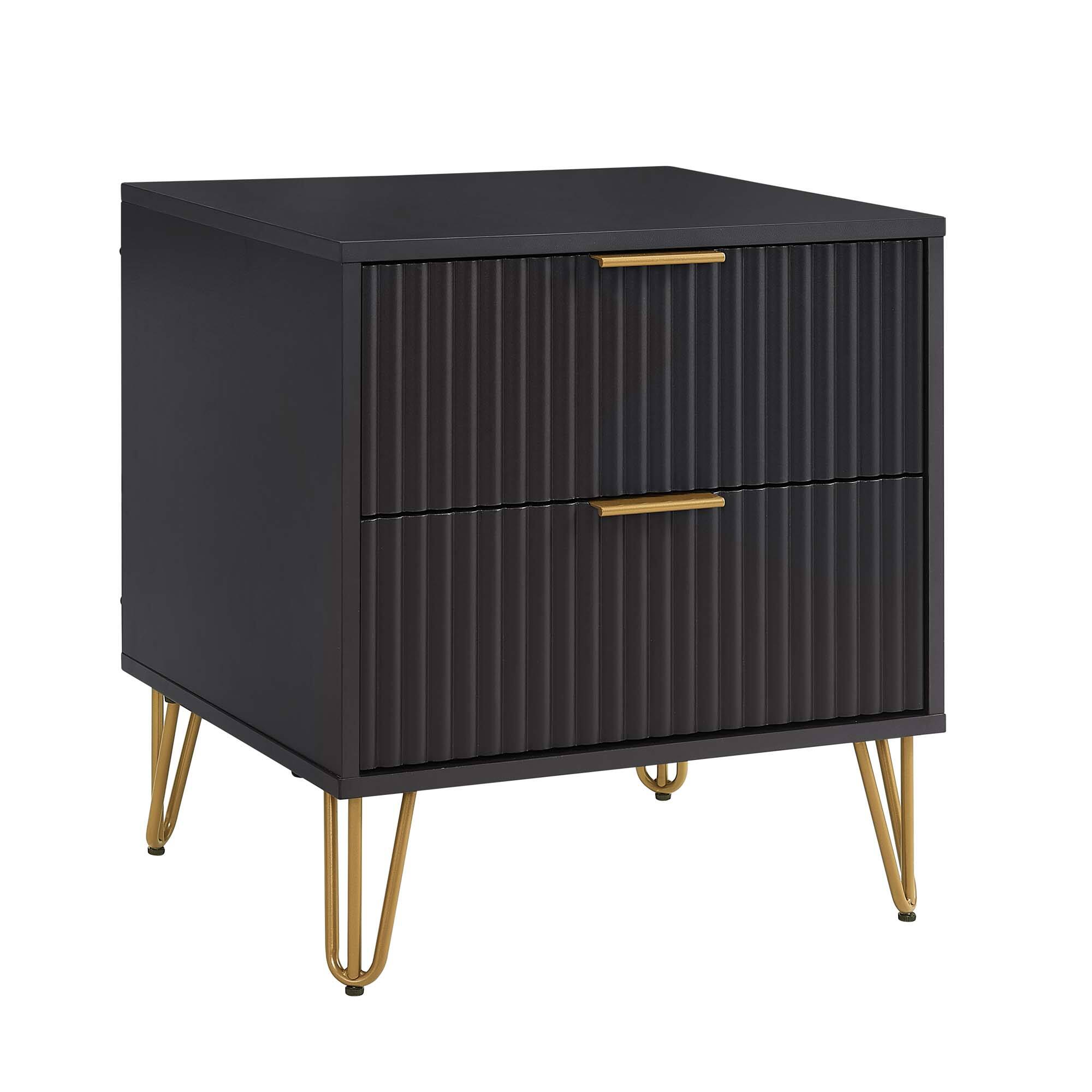 Alt View 5. Tiramisubest - Modern 2-Drawer Nightstand in Black, Gold Metal Handles, Splayed Legs, Snap Assembly - Black.