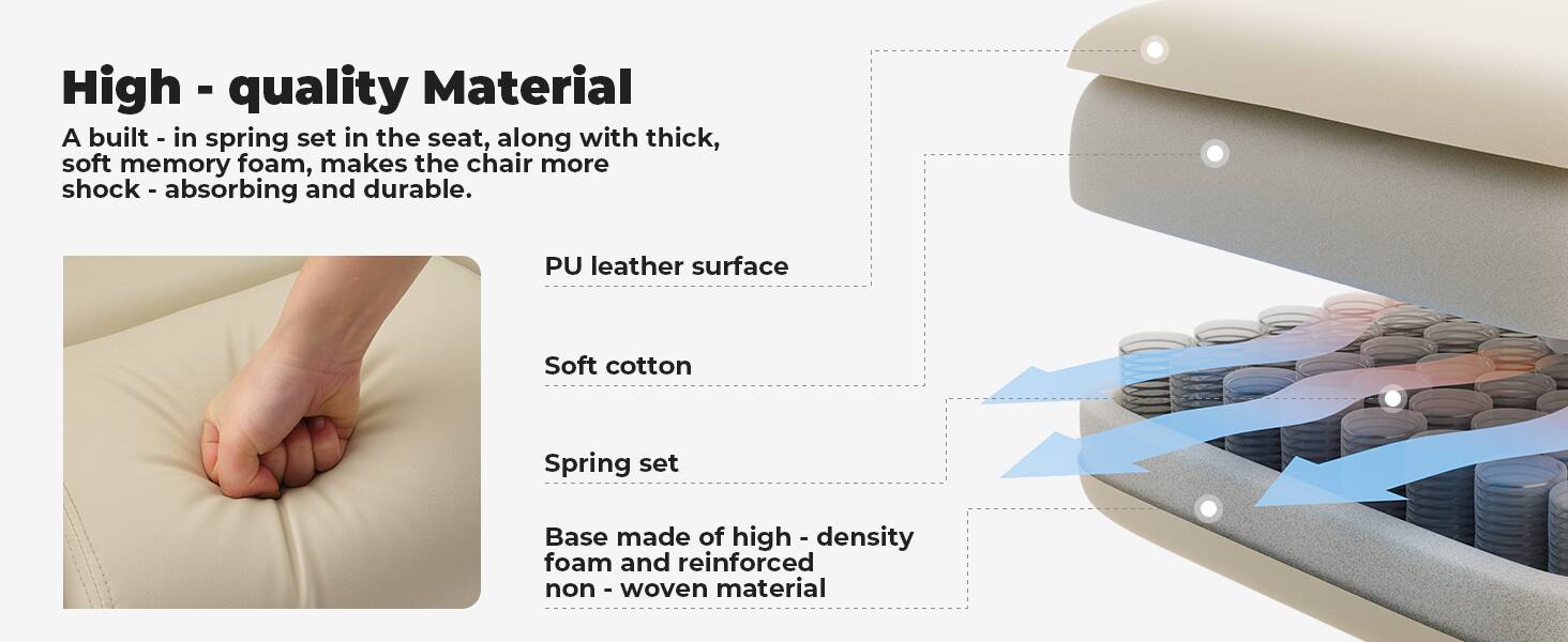High-quality Material

A built-in spring set in the seat, along with thick, soft memory foam, makes the chair more shock-absorbing and durable.

- PU leather surface
- Soft cotton
- Spring set
- Base made of high-density foam and reinforced non-woven material