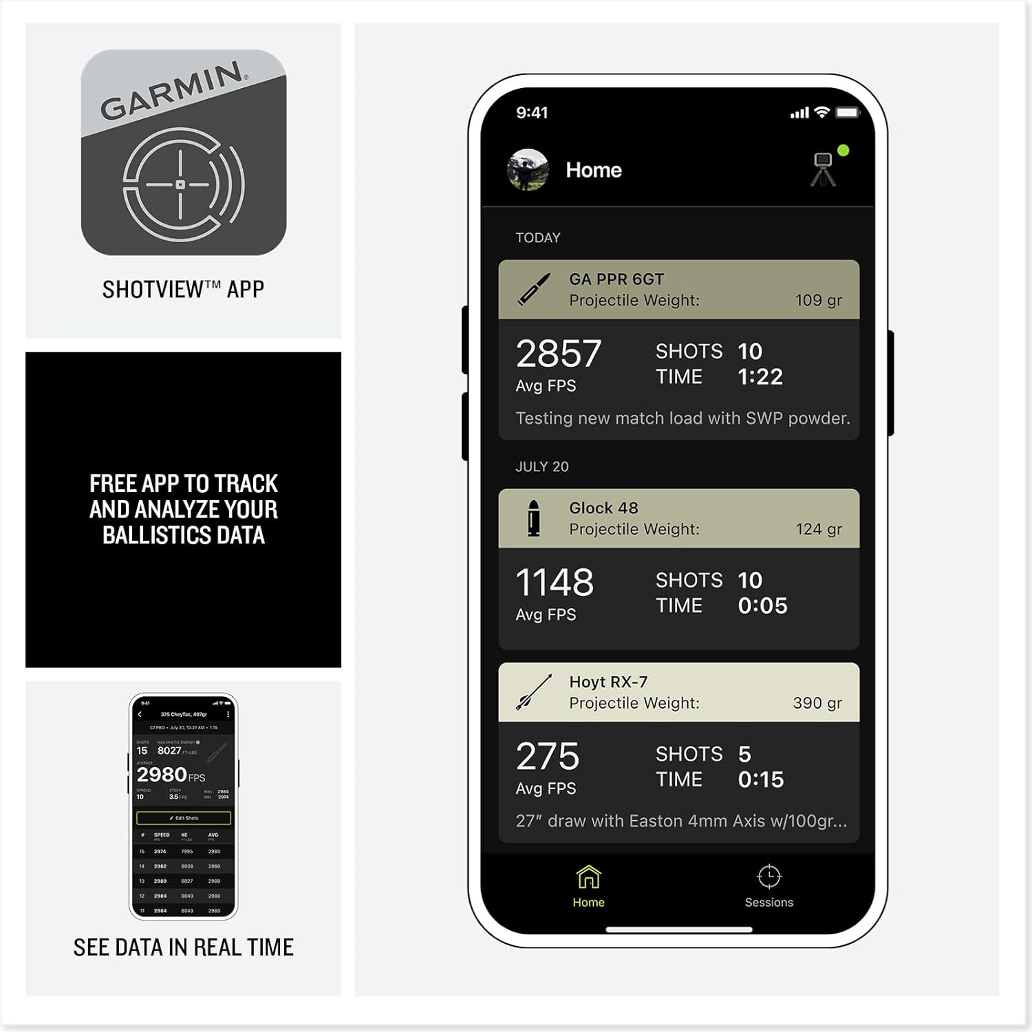 GARMIN

9:41 Home

TODAY
- GA PPR 6GT
  Projectile Weight: 109 gr
  2857 Avg FPS
  SHOTS 10
  TIME 1:22
  Testing new match load with SWP powder.

JULY 20
- Glock 48
  Projectile Weight: 124 gr
  1148 Avg FPS
  SHOTS 10
  TIME 0:05

- Hoyt RX-7
  Projectile Weight: 390 gr
  275 Avg FPS
  SHOTS 5
  TIME 0:15
  27" draw with Easton 4mm Axis w/100gr...

Home Sessions

SEE DATA IN REAL TIME

FREE APP TO TRACK AND ANALYZE YOUR BALLISTICS DATA