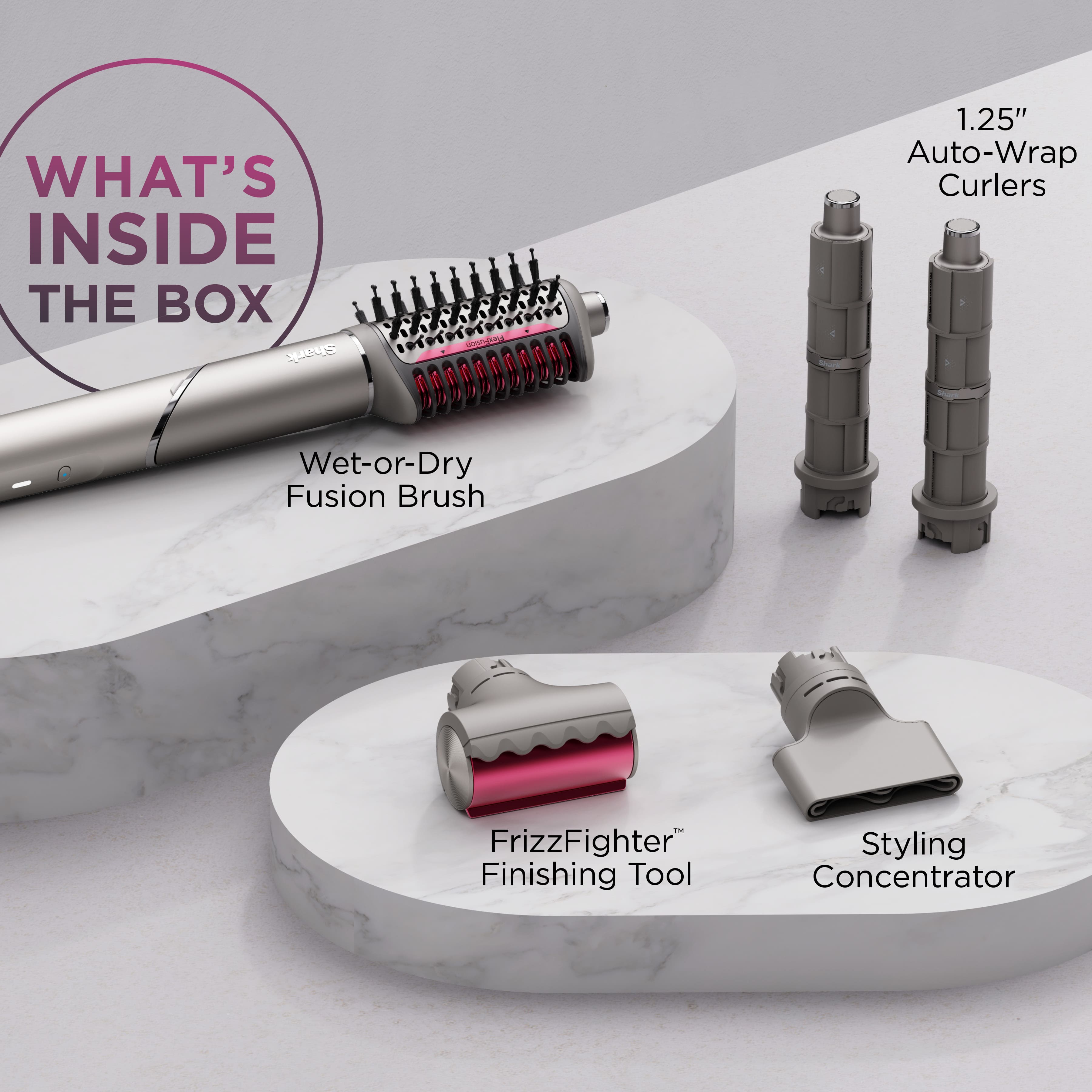 What's Inside the Box:
1. 1.25" Auto-Wrap Curlers
2. Wet-or-Dry Fusion Brush
3. FrizzFighter Finishing Tool
4. Styling Concentrator