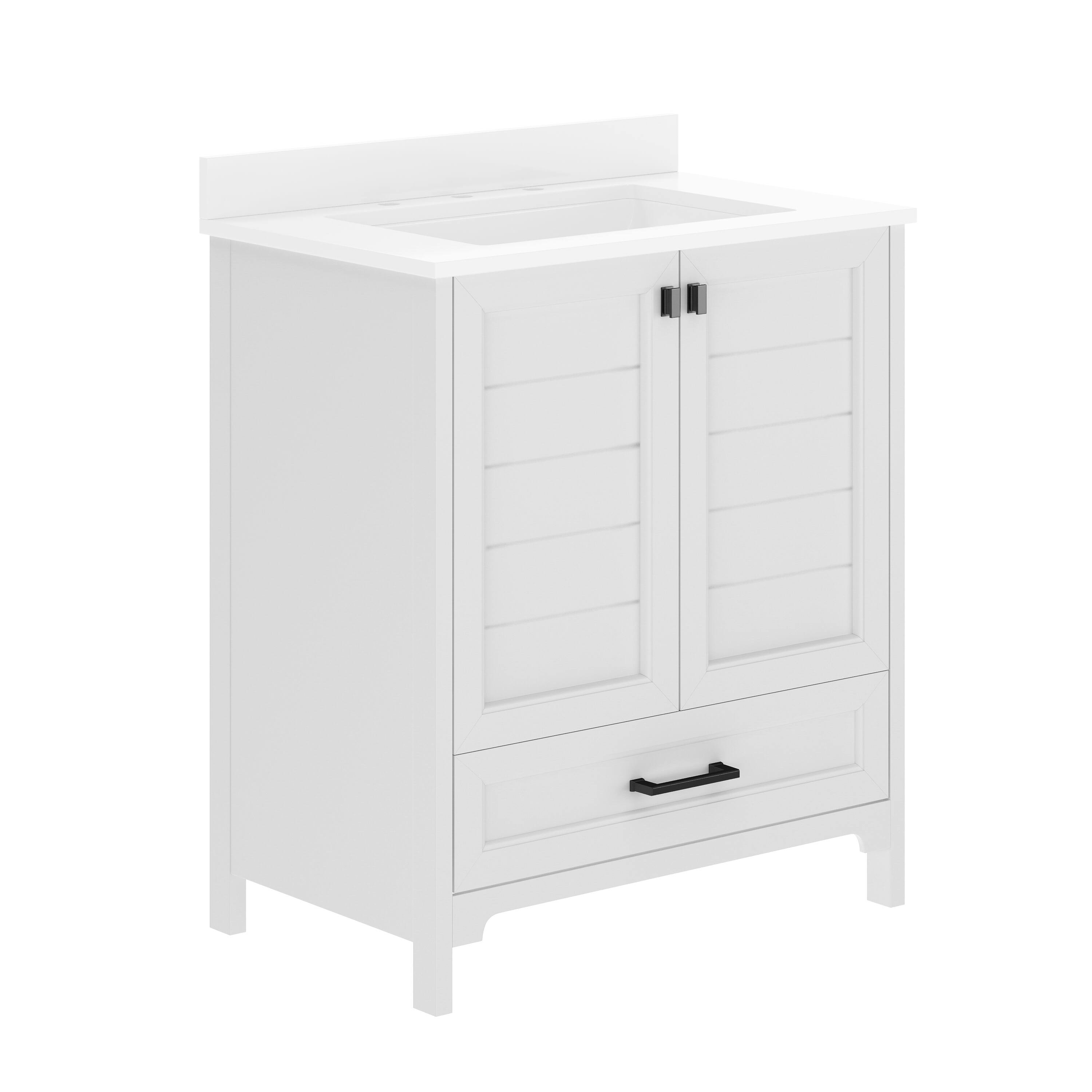 Alt View 1. Emma + Oliver - Bathroom Vanity w/ Ceramic Undermount Sink, Cabinet, Bottom Drawer - White Frame/Black Hardware.