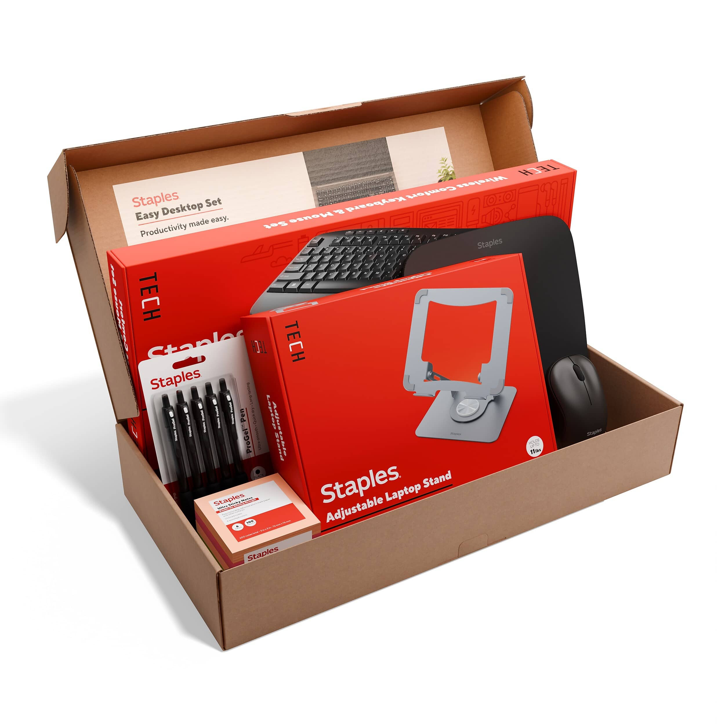Staples - Easy Desktop Set, Keyboard, Mouse, Mouse Pad, Laptop Stand, ProGel Pens & Sticky Notes (ST63681) - Black
