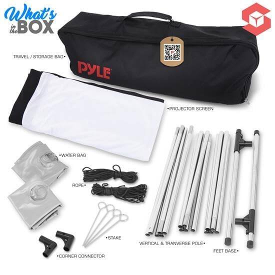What's in the BOX TRAVEL / STORAGE BAG PYLE PROJECTOR SCREEN WATER BAG ROPE STAKE CORNER CONNECTOR VERTICAL & TRANVERSE POLE FEET BASE