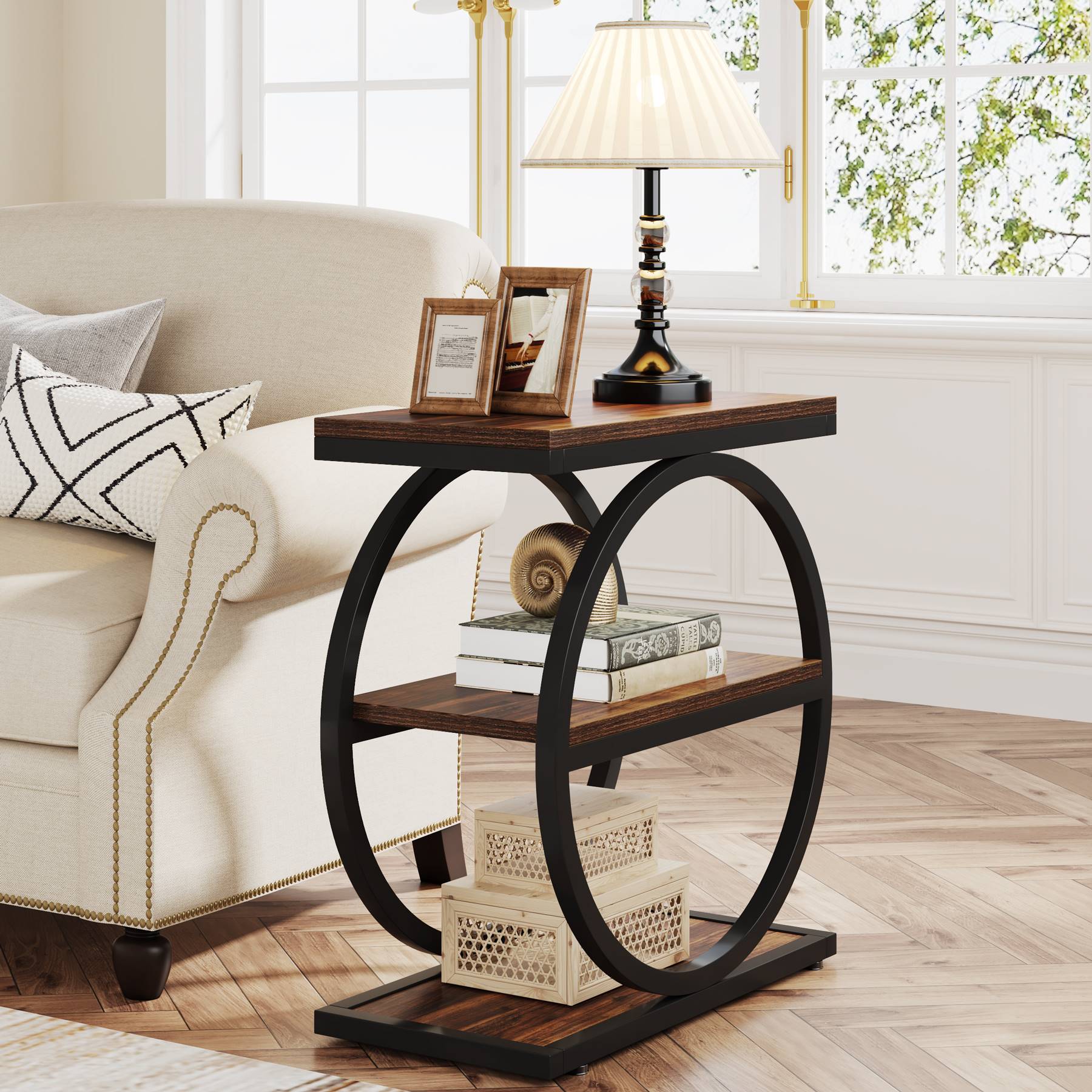 Front. Tribesigns - Industrial End Table with Engineered Wood Construction, Space-Saving Design and Round Top for Bedroom - Brown.