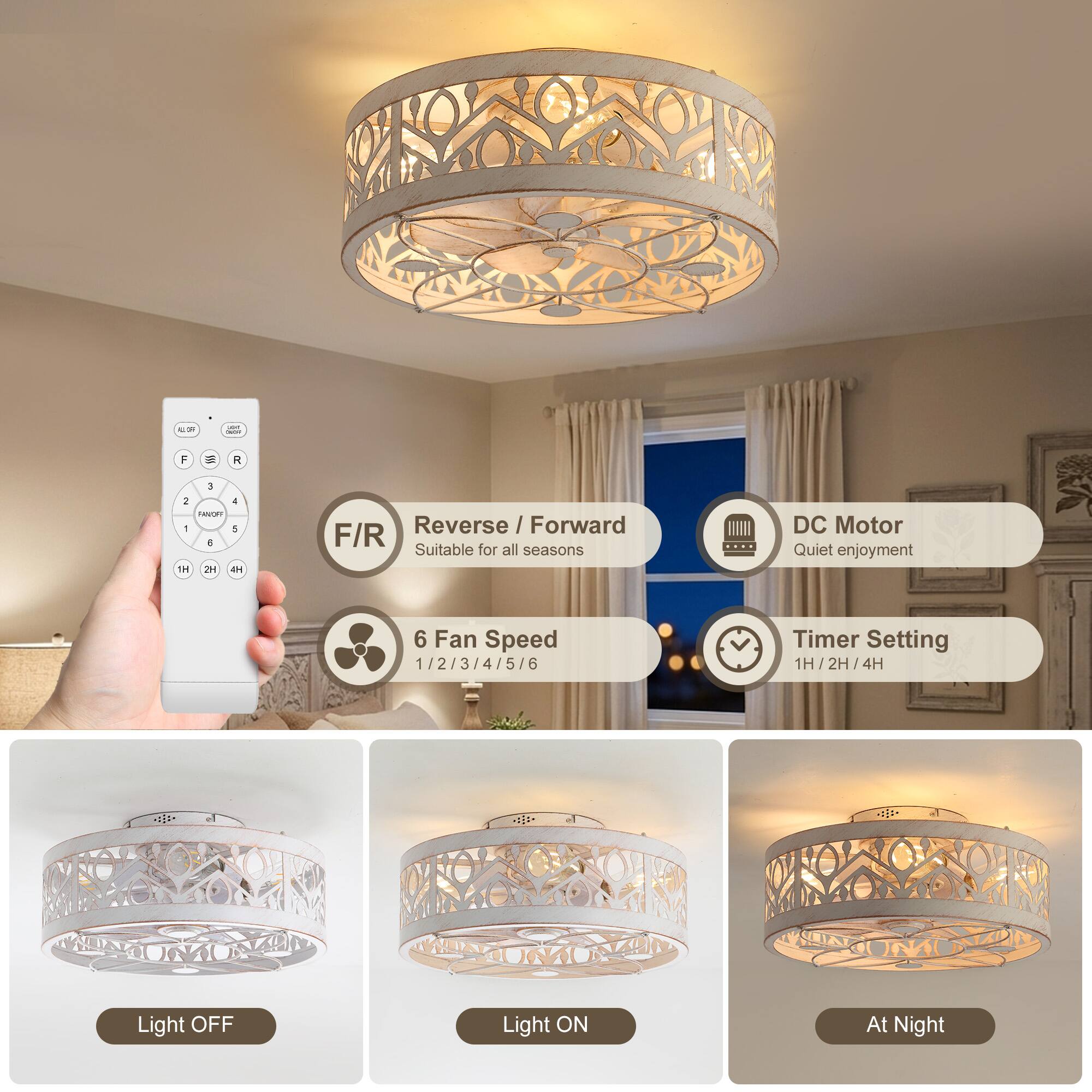 - Reverse / Forward
- Suitable for all seasons
- DC Motor
- Quiet enjoyment
- 6 Fan Speed
  - 1/2/3/4/5/6
- Timer Setting
  - 1H / 2H / 4H
- Light OFF
- Light ON
- At Night