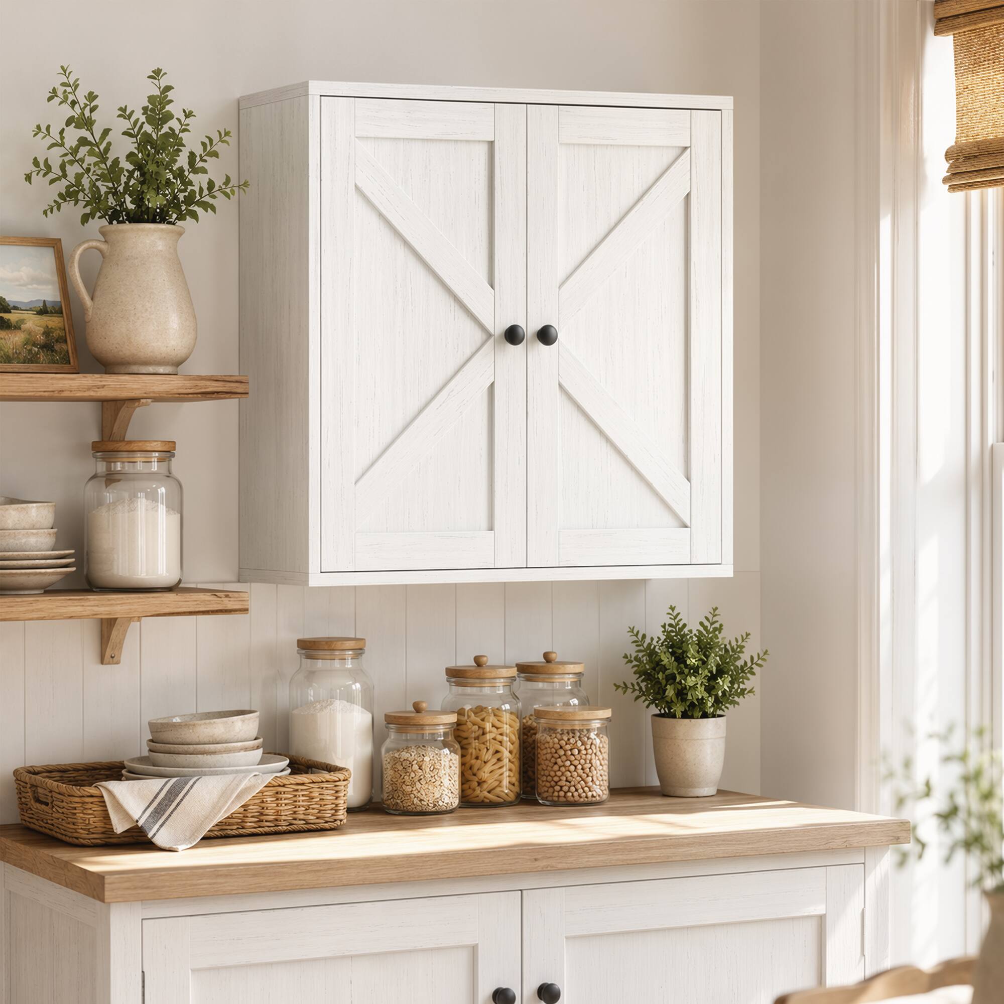 Alt View 7. Homcom - Wall Cabinet, Farmhouse Bathroom Cabinet Wall Mount with 2 Shelves - White wood grain.
