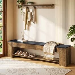 Tribesigns - 71-Inch Extra Long Entryway Bench with Shoe Storage, Farmhouse Shoe Bench with 2 Shelves, Wooden Indoor Seating for Hall - Rustic Brown and Black