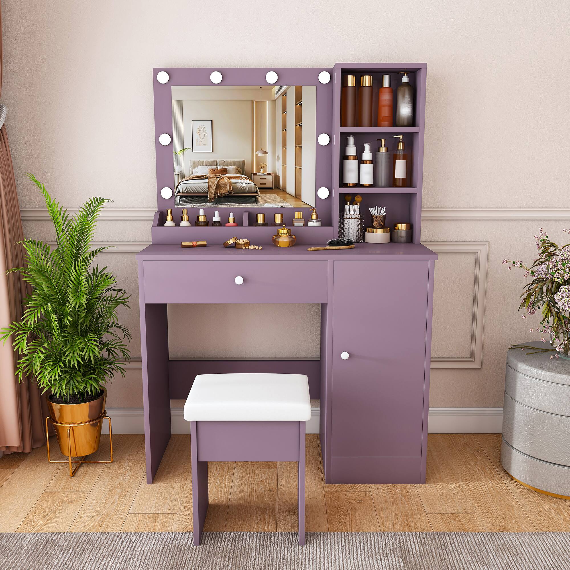 Angle. Z-Edge - Vanity Desk Set with Padded Stool & Adjustable Lighted Mirror (Round Bulbs, 3 Color Modes), Dressing Table for Bedroom - Purple.