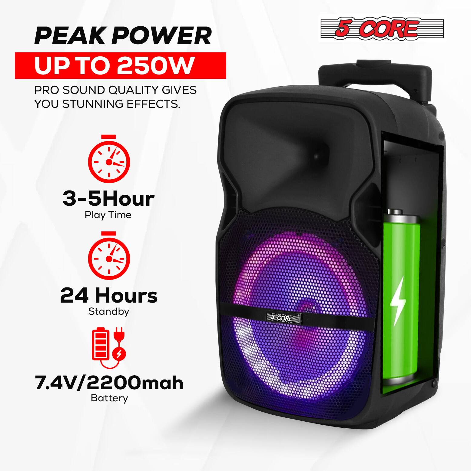 PEAK POWER UP TO 250W  
PRO SOUND QUALITY GIVES YOU STUNNING EFFECTS.  
3-5 Hour Play Time  
24 Hours Standby  
7.4V/2200mAh Battery