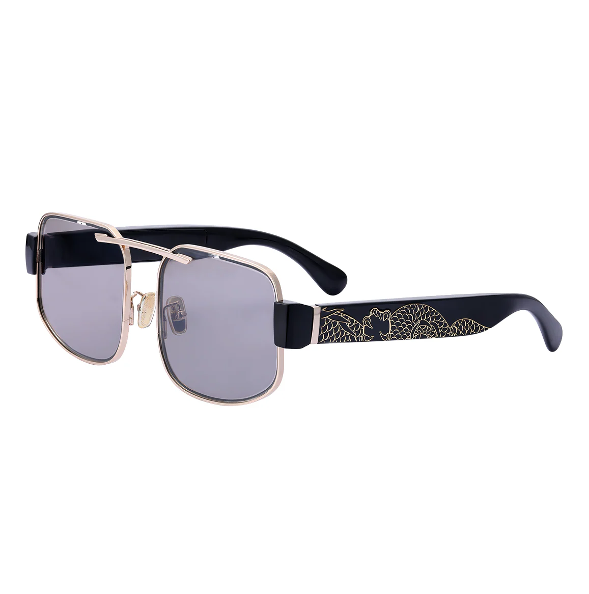 Back. Chamelo - Lifestyle Dragon Slider HVL - Metal Frame - Adjustable Electronic Tint Sunglasses - Glossy black gold frame | Smoke lenses.