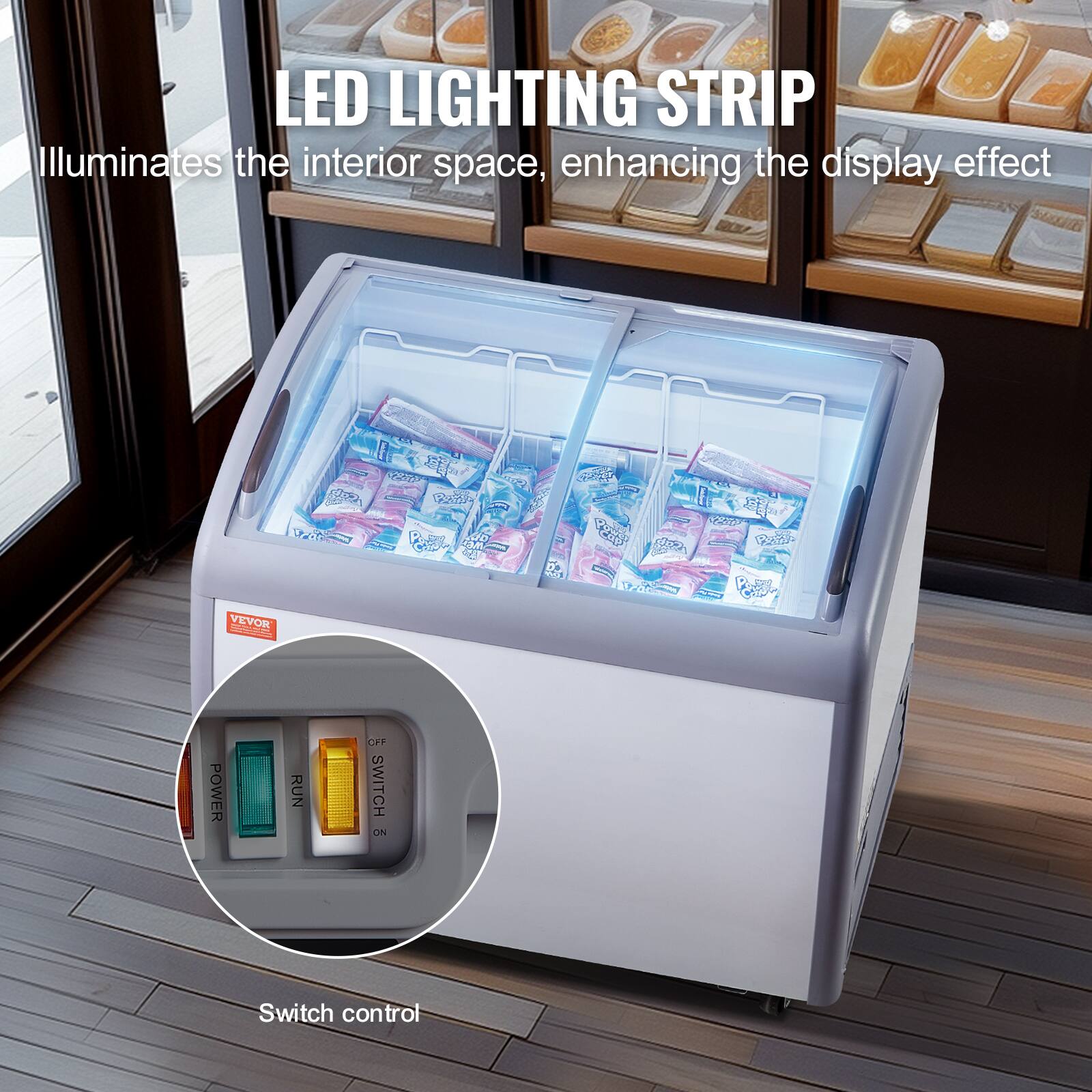 LED LIGHTING STRIP Illuminates the interior space, enhancing the display effect

Switch control

I 1P 2099  0 1a2h  Par F WAe L CET  2F 05 WE (0 ARI D 2  B2 C VEVOR I POWER RUN CPF SWITCH oN