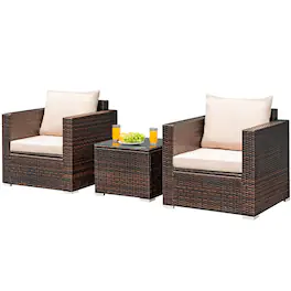 Costway - 3PCS Patio Rattan Outdoor Furniture Set w/ Cushioned Sofa Coffee Table - Brown