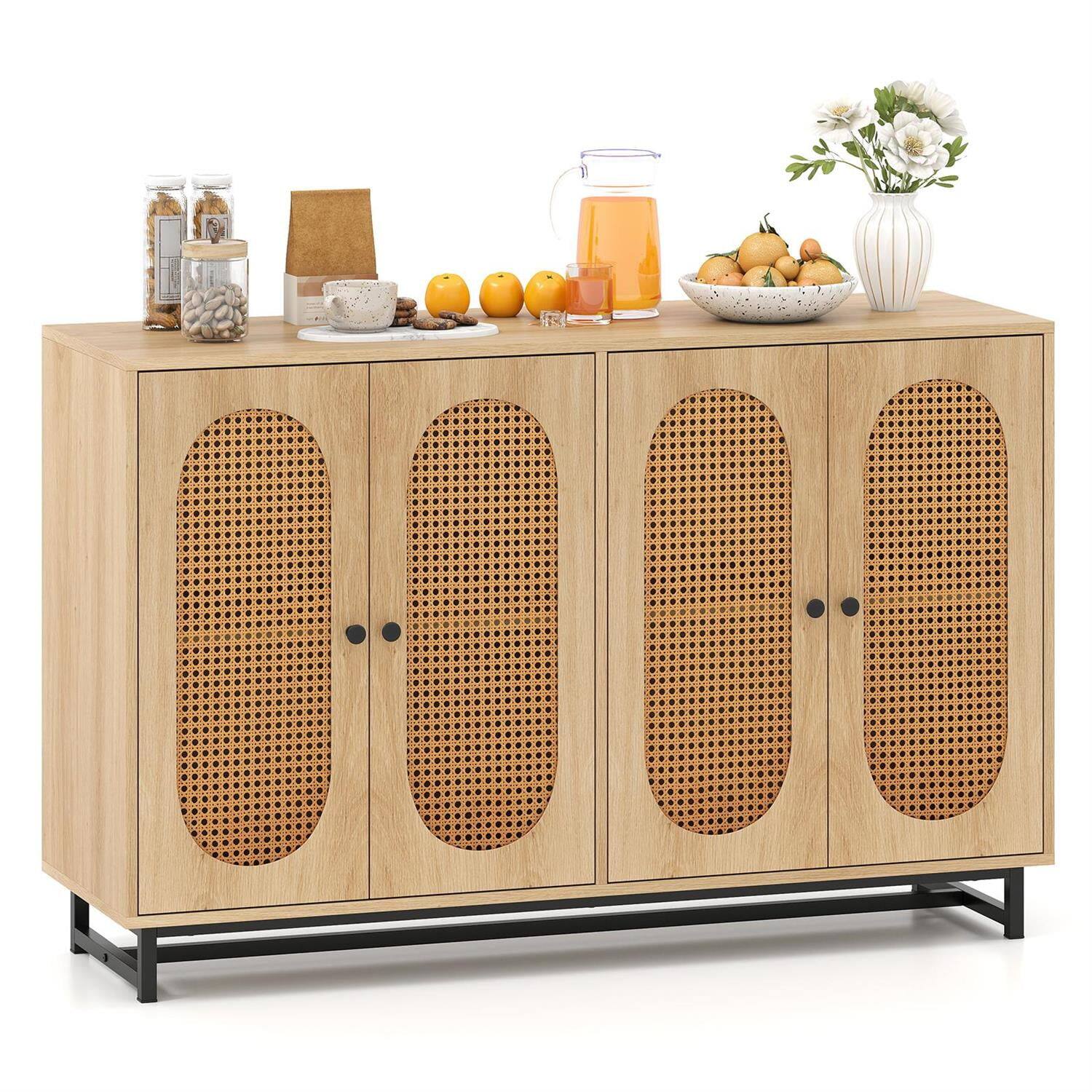 Back. Pefilos - 50" Rattan Buffet Sideboard,4-Door Adjustable Shelves,Anti-Tip Metal Legs,Natural - Brown.