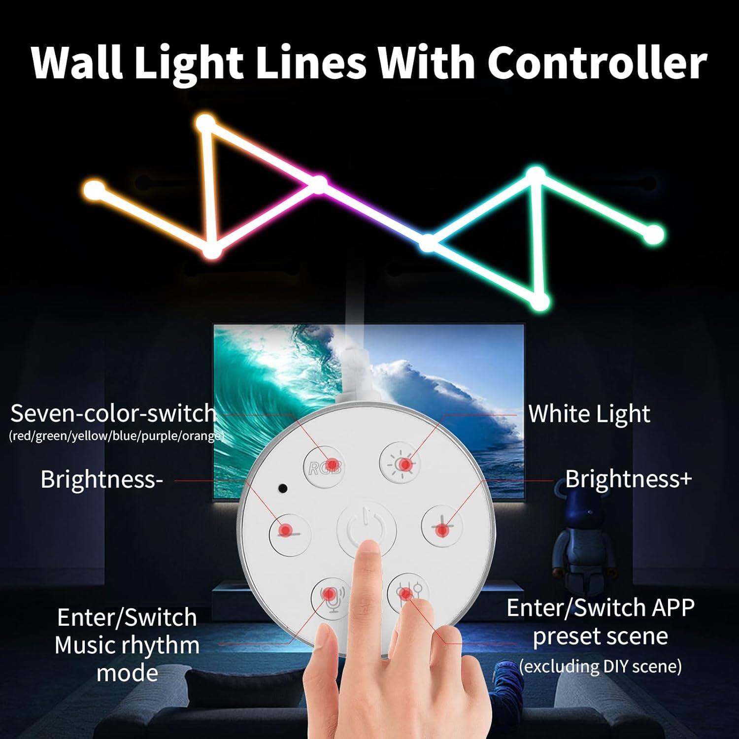 Wall Light Lines With Controller

Seven-color-switch (red/green/yellow/blue/purple/orange)
Brightness-
Enter/Switch Music rhythm mode

White Light
Brightness+
Enter/Switch APP preset scene (excluding DIY scene)