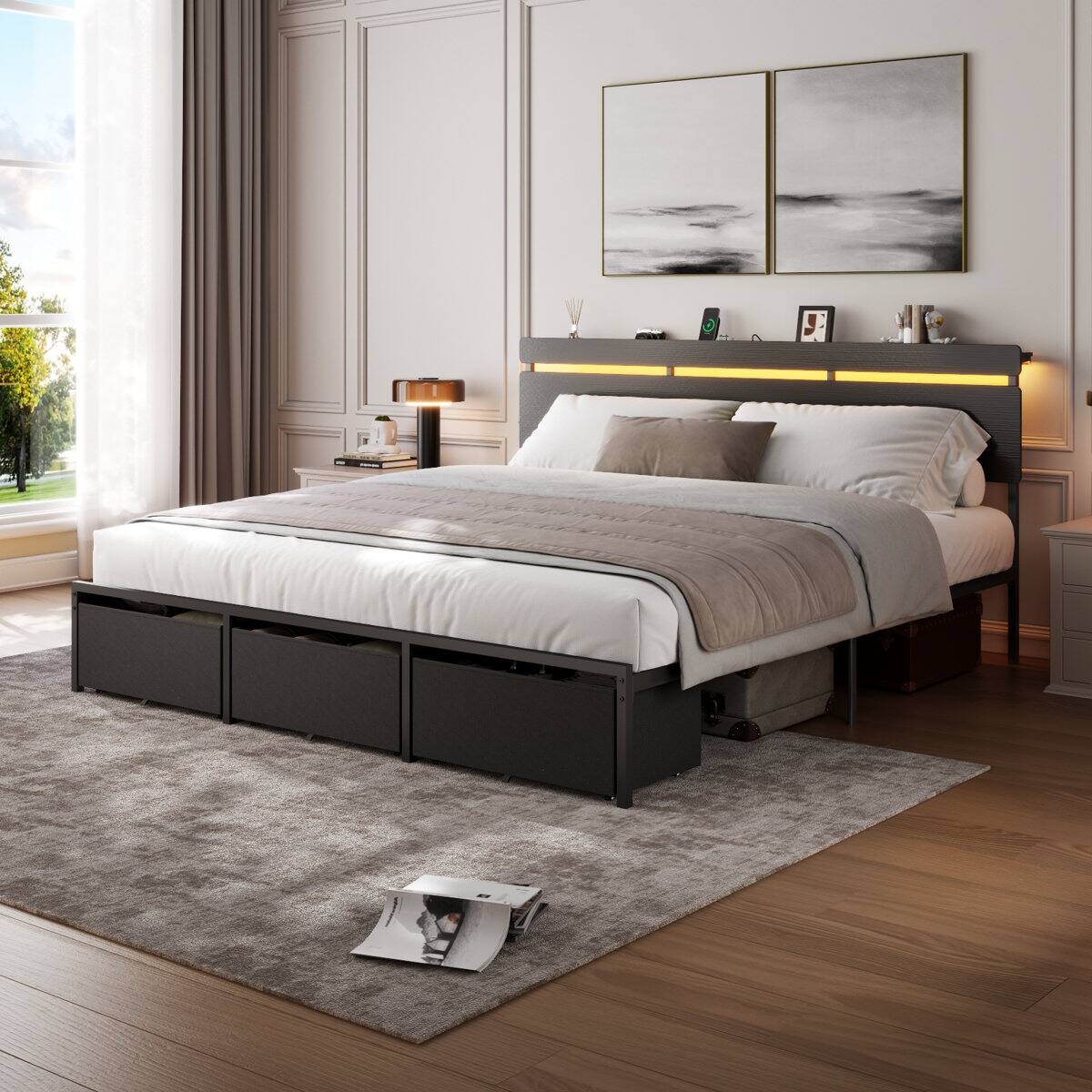 Alt View 8. Furnulem - Bed Frame with Wood Headboard Metal Platform with 3 Storage Drawers and Shelf Built in Charging Station and LED Lights - Black.