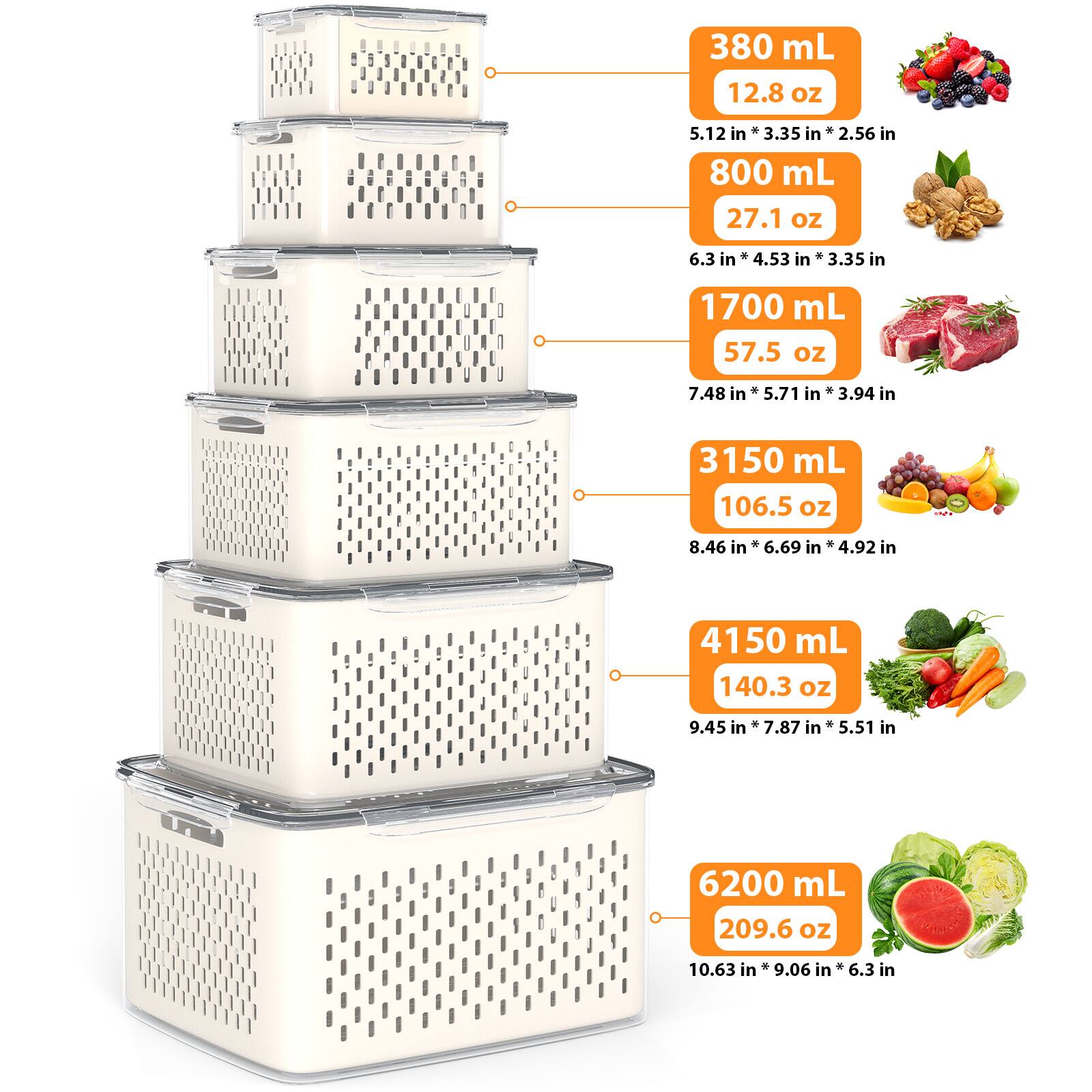 380 mL  
12.8 oz  
5.12 in x 3.35 in x 2.56 in  

800 mL  
27.1 oz  
6.3 in x 4.53 in x 3.35 in  

1700 mL  
57.5 oz  
7.48 in x 5.71 in x 3.94 in  

3150 mL  
106.5 oz  
8.46 in x 6.69 in x 4.92 in  

4150 mL  
140.3 oz  
9.45 in x 7.87 in x 5.51 in  

6200 mL  
209.6 oz  
10.63 in x 9.06 in x 6.3 in