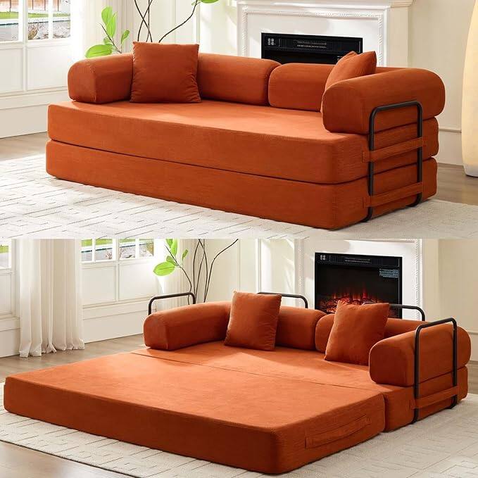 Front. Circus Cirle - 78.7"W Convertible Folding Mattress Couch - Orange.