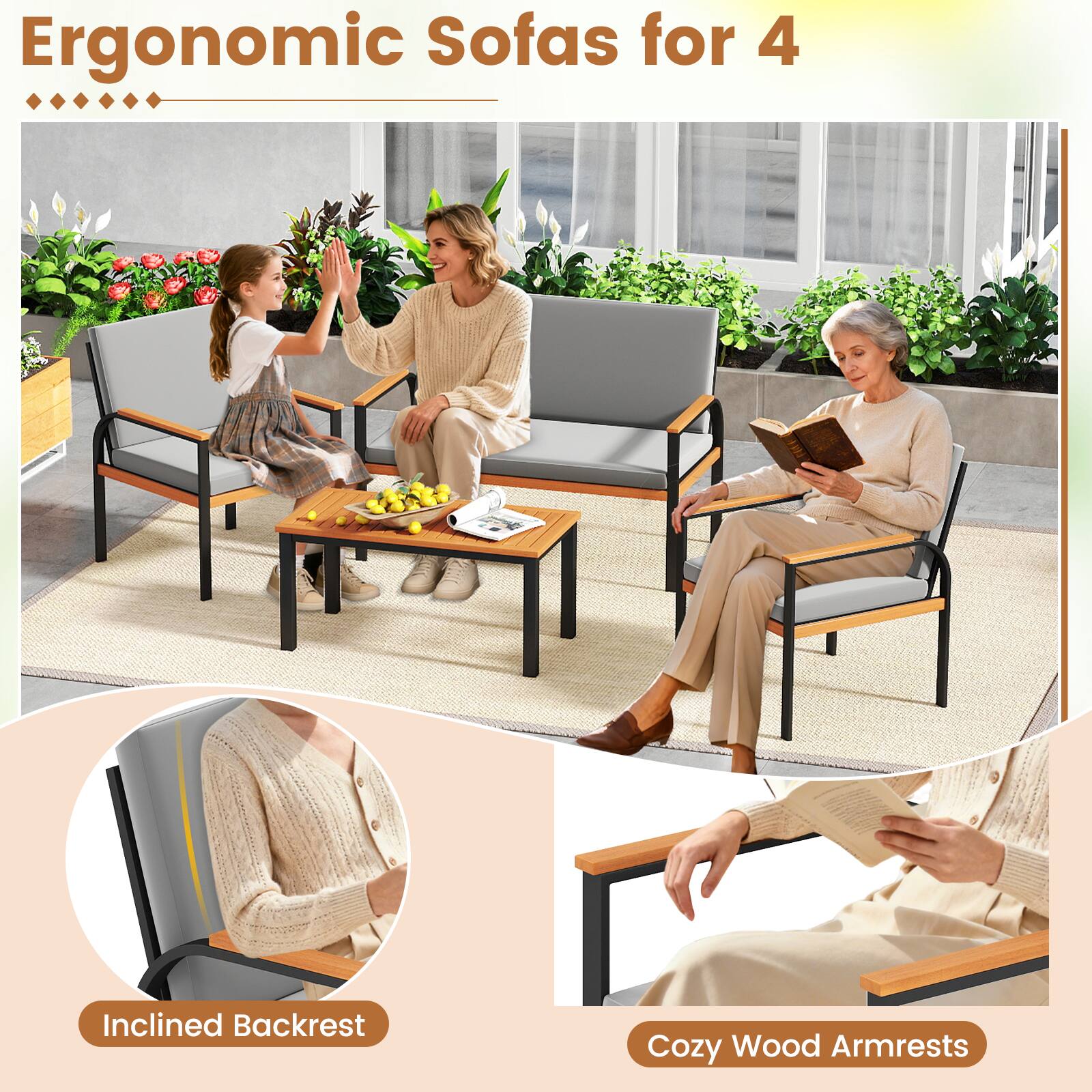 Ergonomic Sofas for 4

Inclined Backrest

Cozy Wood Armrests