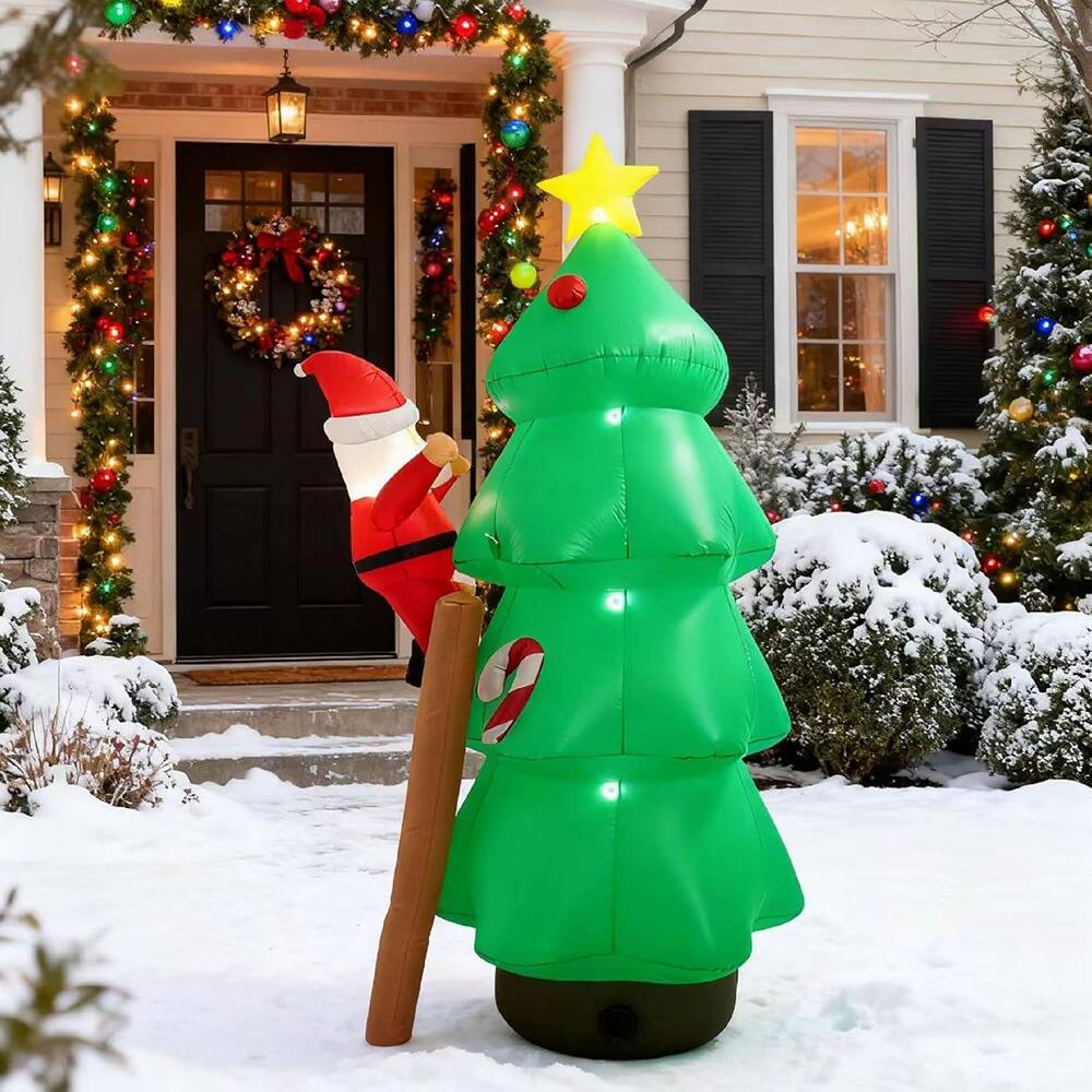Front. MOSZAR LLC - 9 ft Inflatable Santa Climbing Ladder with LEDs – Yard & Garden Christmas Decor - Green.