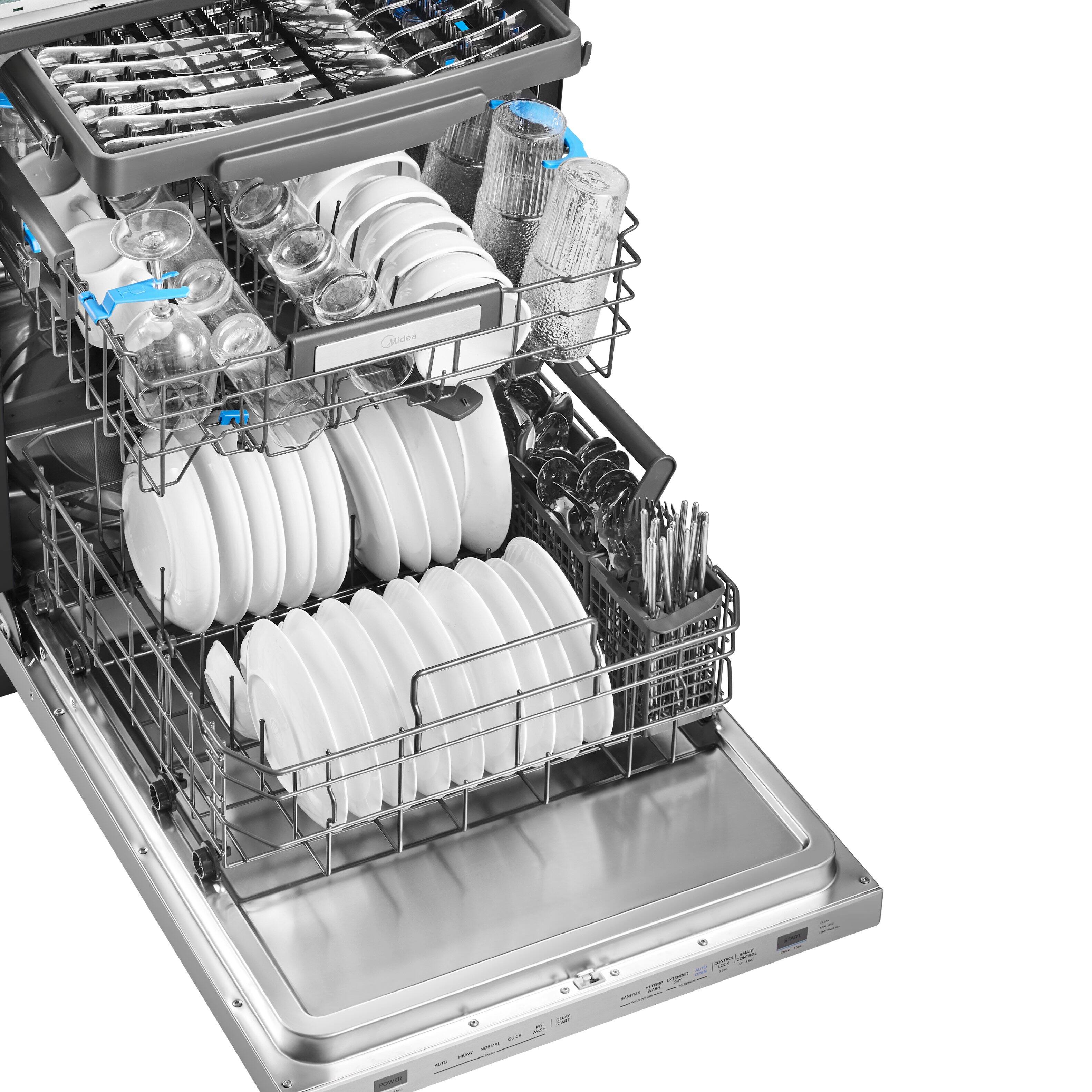 Left. Midea - 24" Smart Top Control Dishwasher with 3-Stage Total Drying, Bottle Wash Zone, 47 dB - Stainless Steel.