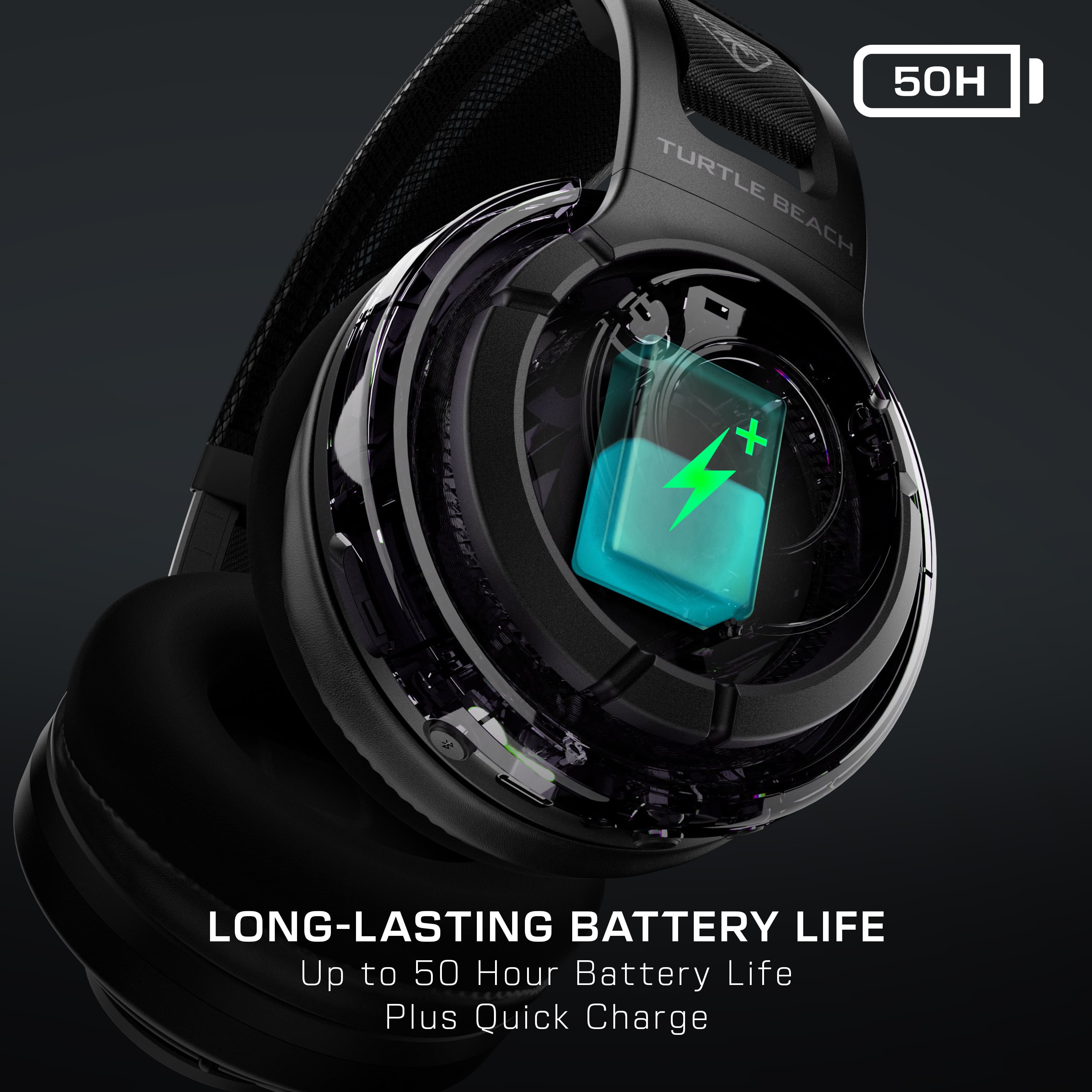 The text on the image reads: "50H Turtle Beach + Long-Lasting Battery Life Up to 50 Hour Battery Life Plus Quick Charge."