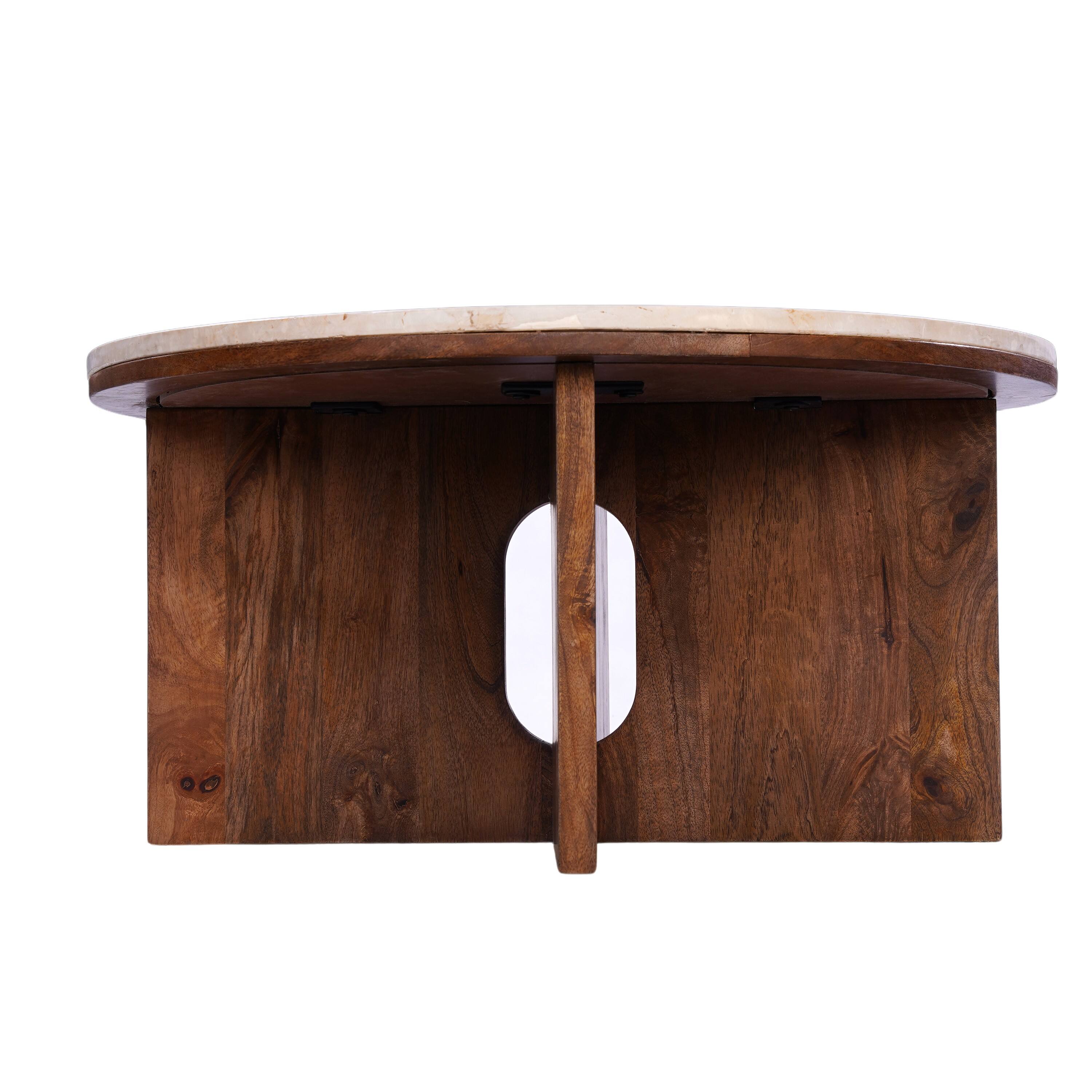 Angle. Manhattan Lane - Kara Coffee Table, 29 Inch Round Botticino Marble Top, Brown Mango Wood 3 Panel Tripod Base - Natural Brown, Beige.