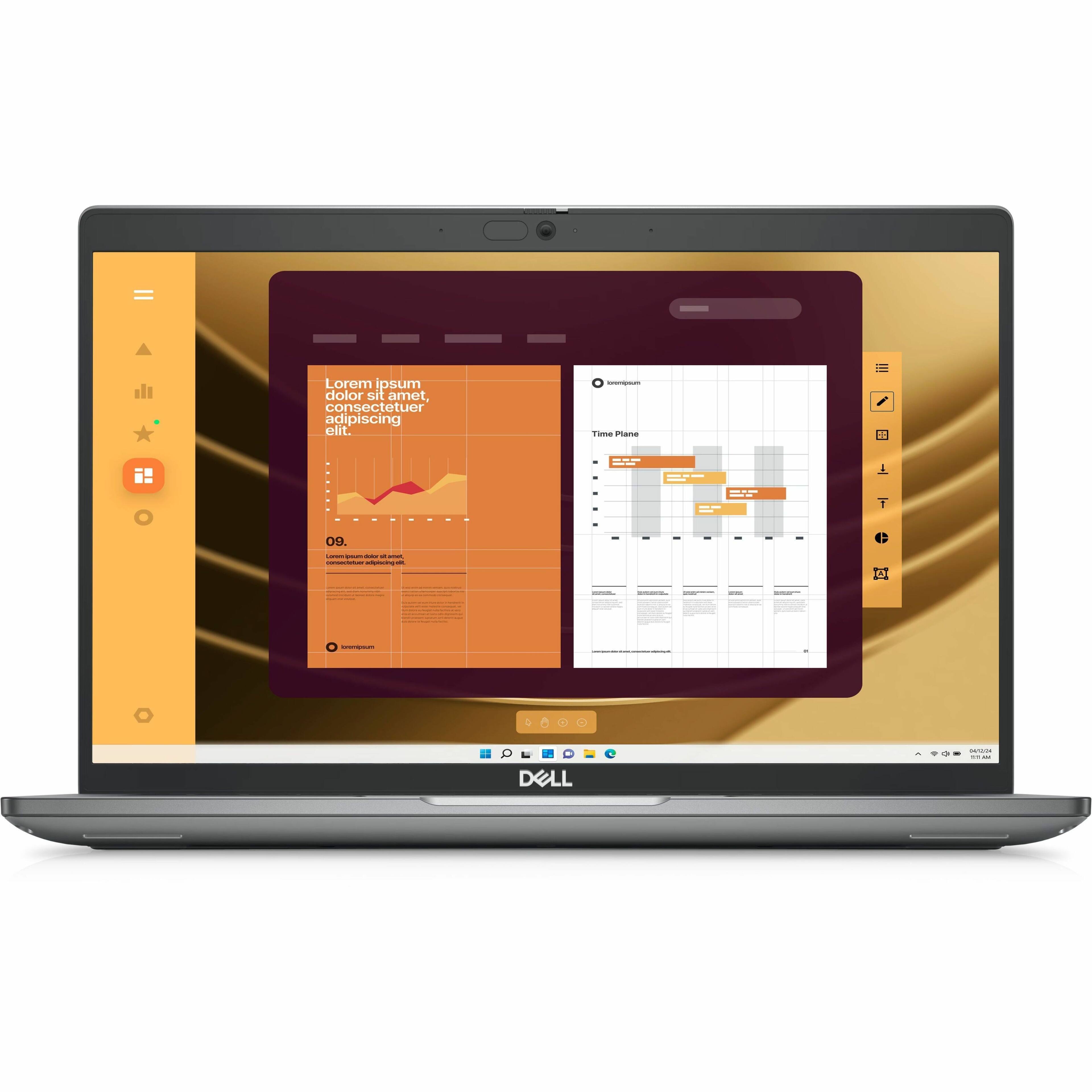 The image features a Dell laptop computer with a screen displaying a chart and graphs. The laptop is open and ready for use.