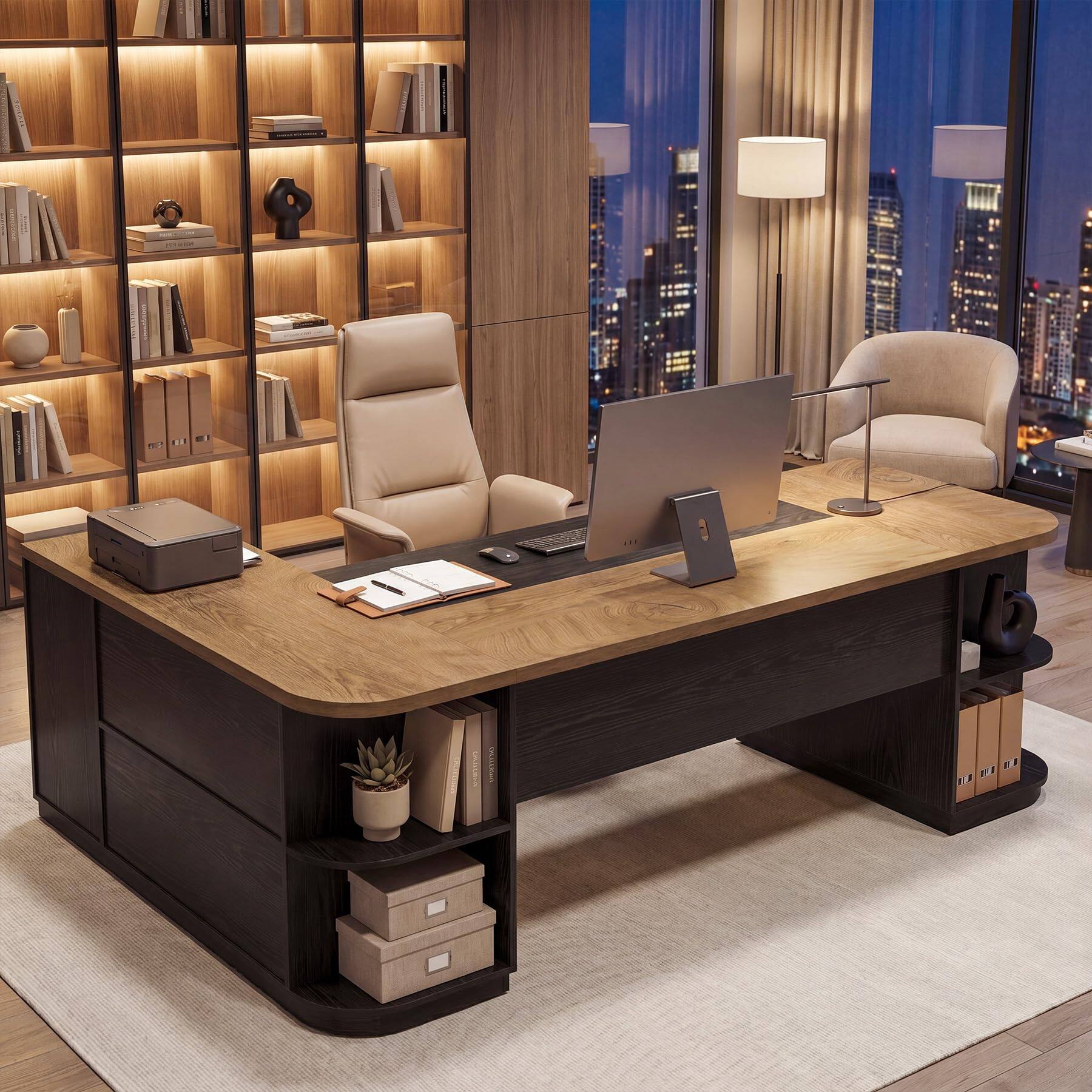 Alt View 1. Tribesigns - 86.6-Inch L-Shaped Executive Desk, Extra Large Computer Desk with Drawers & Storage Cabinet, Modern Business Workstation - Brown & Black.