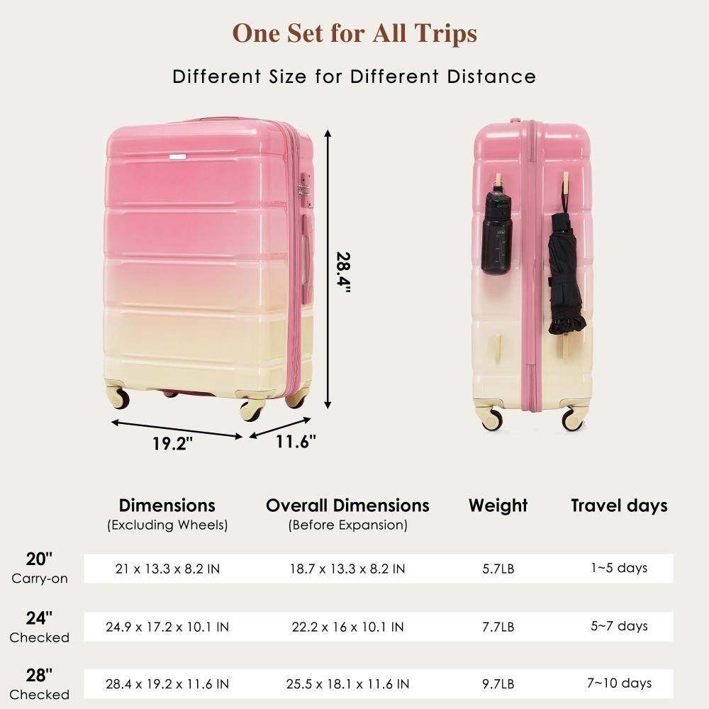 One Set for All Trips  
Different Size for Different Distance  

Dimensions (Excluding Wheels)  
20" Carry-on: 21 x 13.3 x 8.2 IN  
24" Checked: 24.9 x 17.2 x 10.1 IN  
28" Checked: 28.4 x 19.2 x 11.6 IN  

Overall Dimensions (Before Expansion)  
20" Carry-on: 18.7 x 13.3 x 8.2 IN  
24" Checked: 22.2 x 16 x 10.1 IN  
28" Checked: 25.5 x 18.1 x 11.6 IN  

Weight  
20" Carry-on: 5.7LB  
24" Checked: 7.7LB  
28" Checked: 9.7LB  

Travel days  
20" Carry-on: 1~5 days  
24" Checked: 5~7 days  
28" Checked: 7~10 days