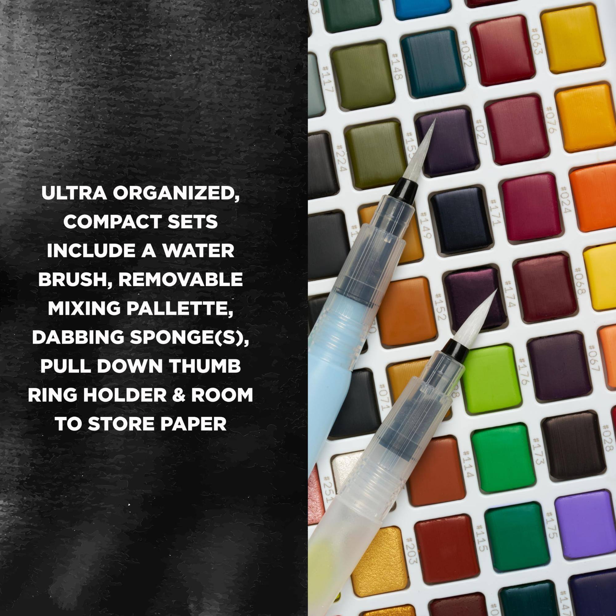 ULTRA ORGANIZED, COMPACT SETS INCLUDE A WATER BRUSH, REMOVABLE MIXING PALLETTE, DABBING SPONGE(S), PULL DOWN THUMB RING HOLDER & ROOM TO STORE PAPER
