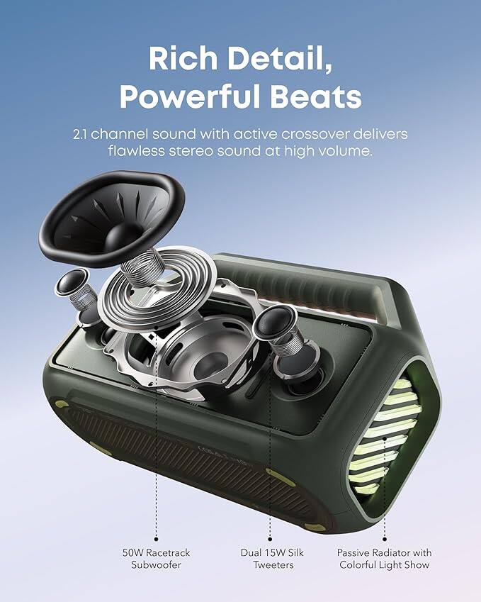 Rich Detail, Powerful Beats

2.1 channel sound with active crossover delivers flawless stereo sound at high volume.

50W Racetrack Subwoofer
Dual 15W Silk Tweeters
Passive Radiator with Colorful Light Show