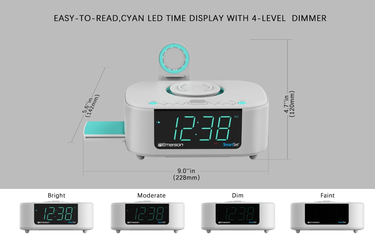 EASY-TO-READ, CYAN LED TIME DISPLAY WITH 4-LEVEL DIMMER

- 4.7" (120mm) in height
- 9.0" (228mm) in width
- 5.6" (142mm) in depth

Brightness Levels:
- Bright
- Moderate
- Dim
- Faint

SmartSet Emerson