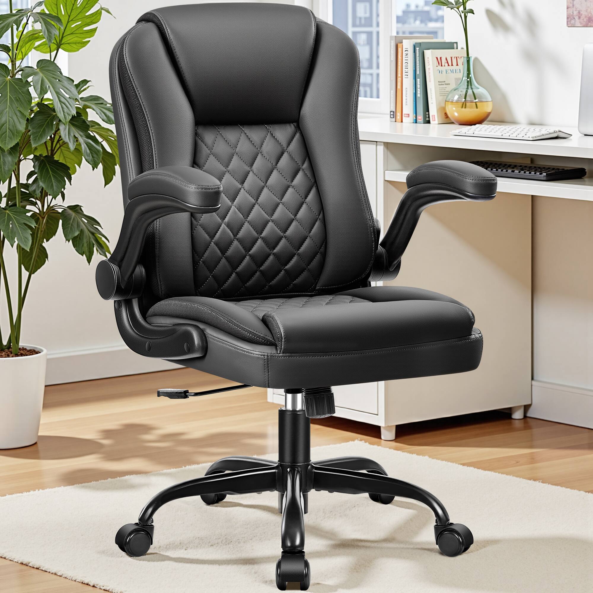 KERDOM - Ergonomic PU Small Leather Chair Office Desk Chair with Wheels, Tilt Mid Back Computer Chair Swivel Task Work Chair - Thumbnail 2