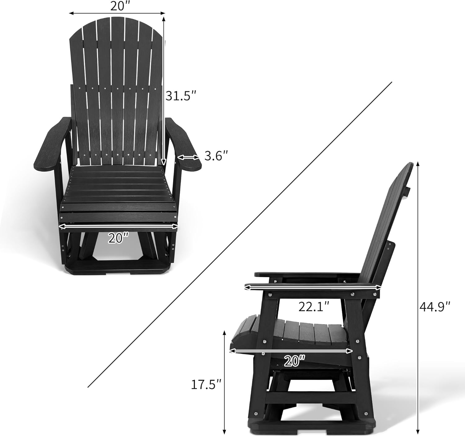 - Height: 31.5"
- Width: 20"
- Depth: 3.6"
- Seat Height: 17.5"
- Armrest Height: 20"
- Backrest Height: 20"
- Seat Width: 20"
- Armrest Width: 22.1"
- Overall Height: 44.9"