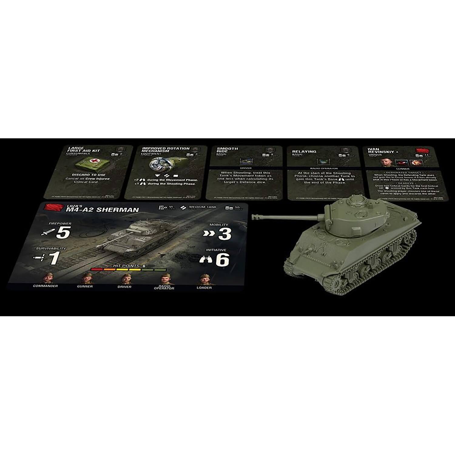 The text on the image is a description of a tank, specifically a Sherman tank, and its various attributes. The text is grouped as follows:

1. LAR TIASE am WIT: This is a reference to the tank's armor and its ability to withstand impacts.
2. Improves rotation mechanisms: This refers to the tank's ability to rotate smoothly and efficiently.
3. Smooth rotation mechanisms: This is a repetition of the previous statement.
4. 5 Survivability: This refers to the tank's ability to withstand damage and continue to function.
5. 6 Initiative: This refers to the tank's ability to react quickly to changing situations.
6. 6 Commander: This refers to the tank's ability to be controlled by a skilled commander.
7. Gunner: This refers to the tank's ability to fire its weapon accurately.
8. Loader: This refers to the tank's ability to efficiently load and unload ammunition.
9. Operator: This refers to the tank's ability to be operated by a skilled operator.

The image also features a toy tank, which is placed next to the cards describing the tank's attributes.