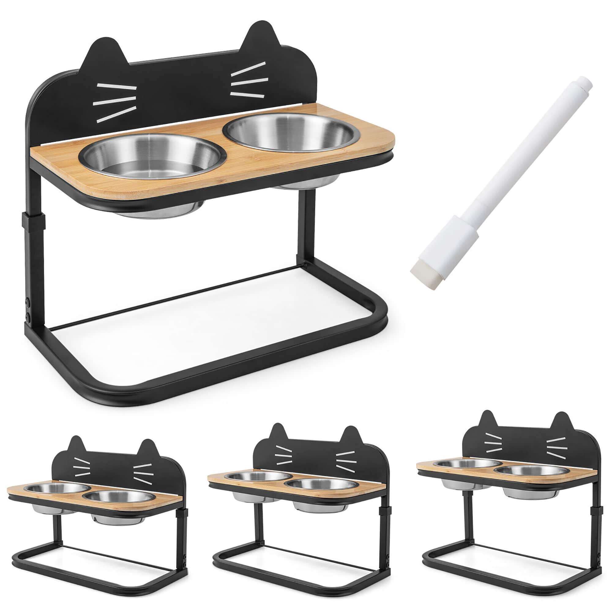 Gymax - Elevated Pet Feeder w/ 2 Stainless Steel Cat Food & Water Bowls - Black, Natural