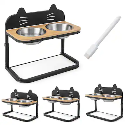Front. Gymax - Gymax Elevated Pet Feeder w/ 2 Stainless Steel Cat Food & Water Bowls - Black, Natural.