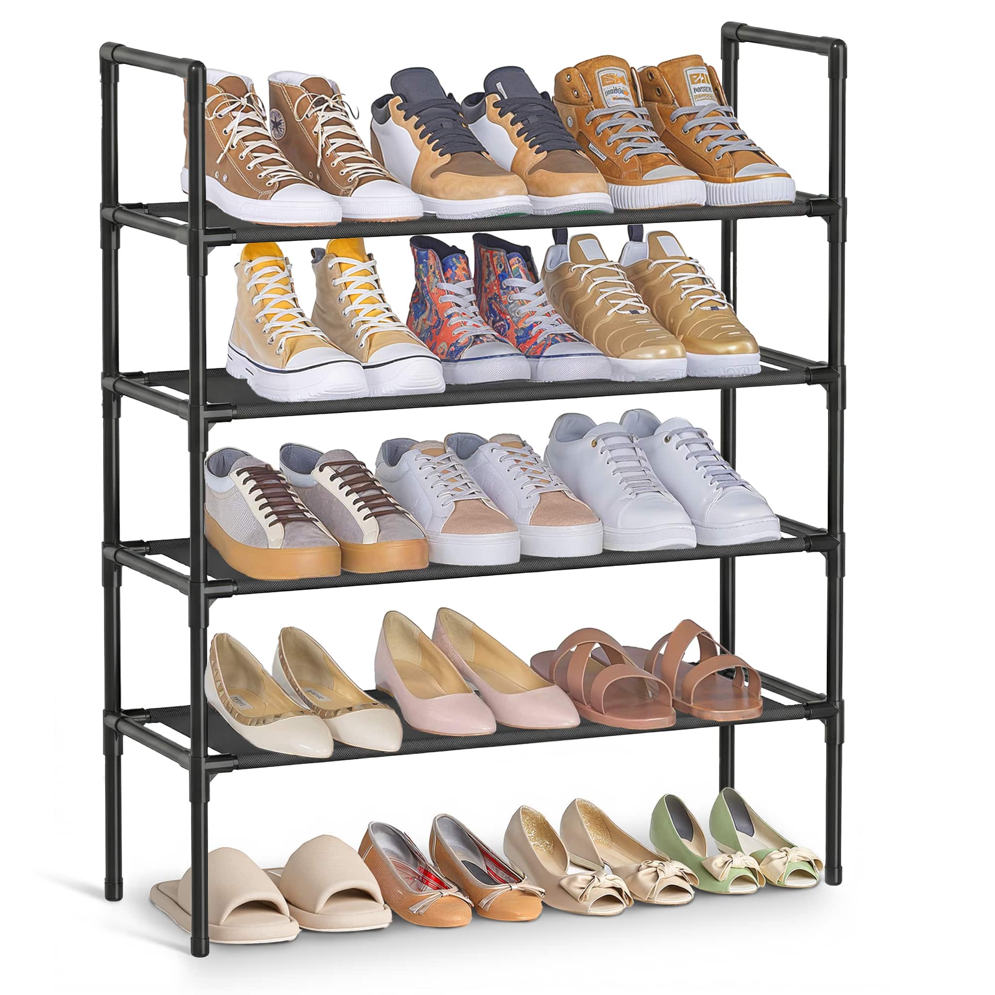 Songmics Home - 4-Tier Shoe Rack, Shoe Storage for Hallway Closet, Slim and Space-Saving, Metal Frame, Non-Woven Fabric Shelves - Ink Black