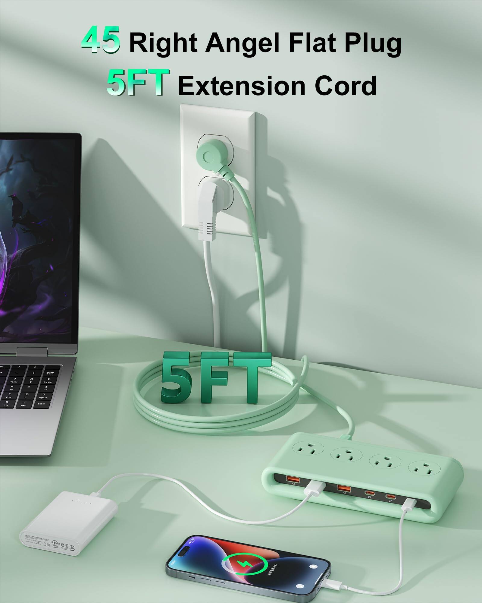 45 Right Angel Flat Plug 5FT Extension Cord