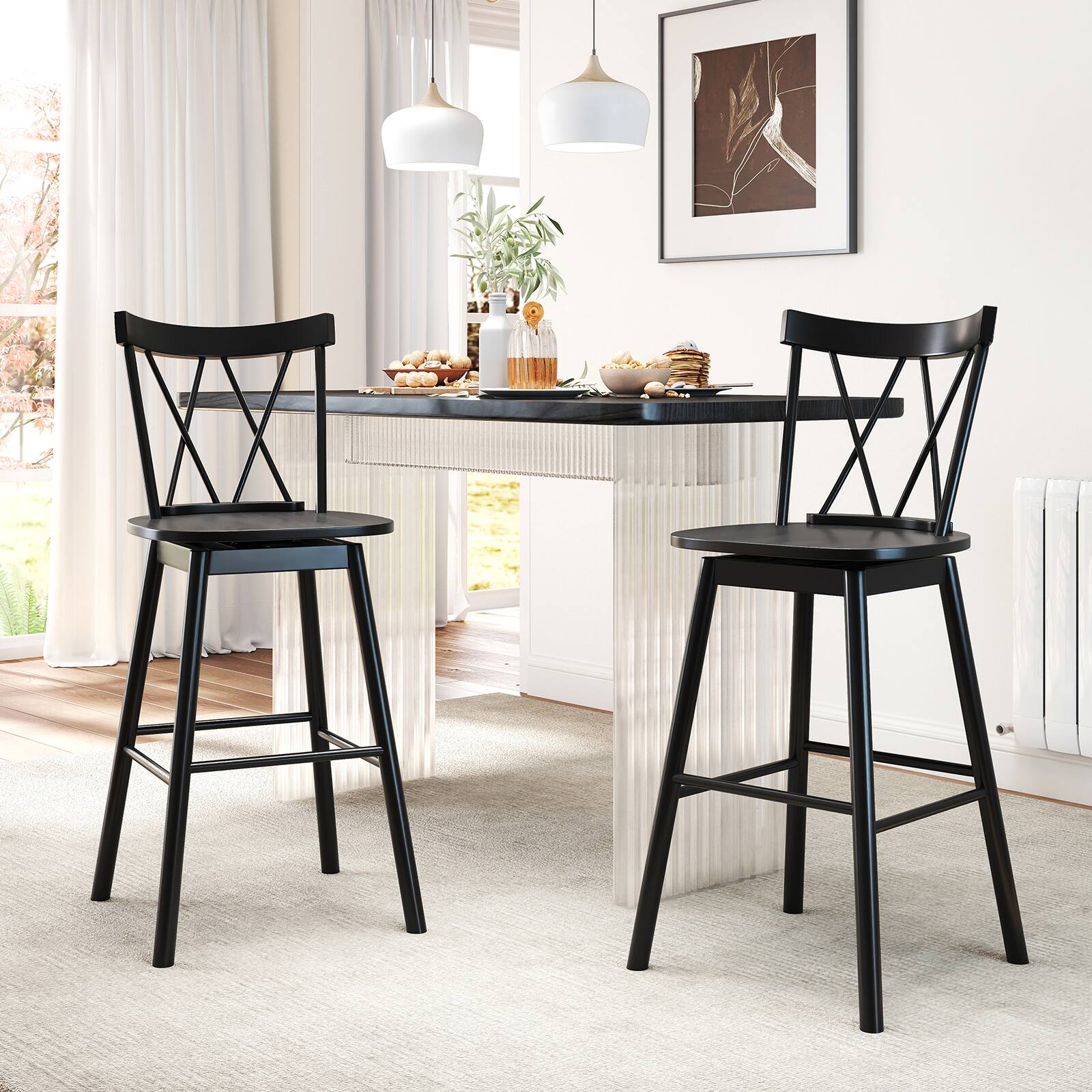 Alt View 3. Gymax - Gymax Windsor Bar Stool Set of 2 29'' Swivel Rubber Wood Dining Chairs Spacious Seat Black - Black.