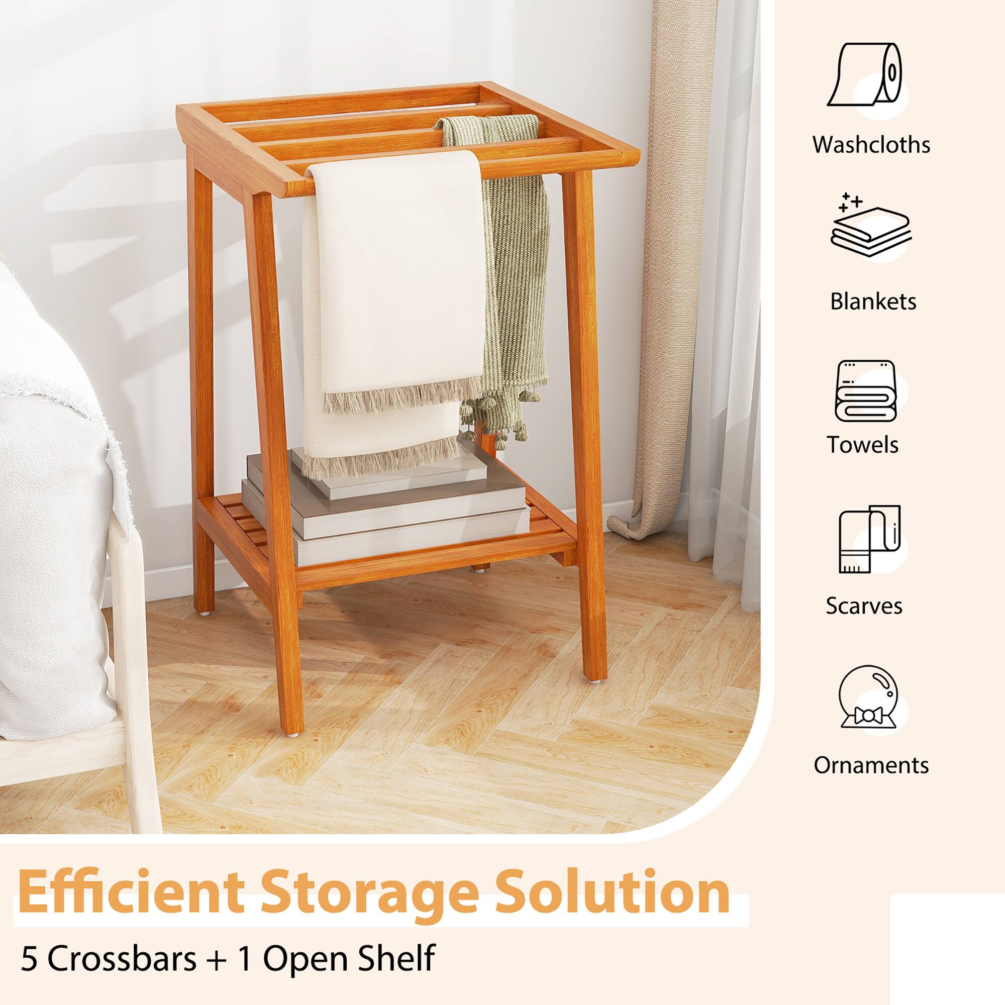 Efficient Storage Solution  
5 Crossbars + 1 Open Shelf  

- Washcloths  
- Blankets  
- Towels  
- Scarves  
- Ornaments