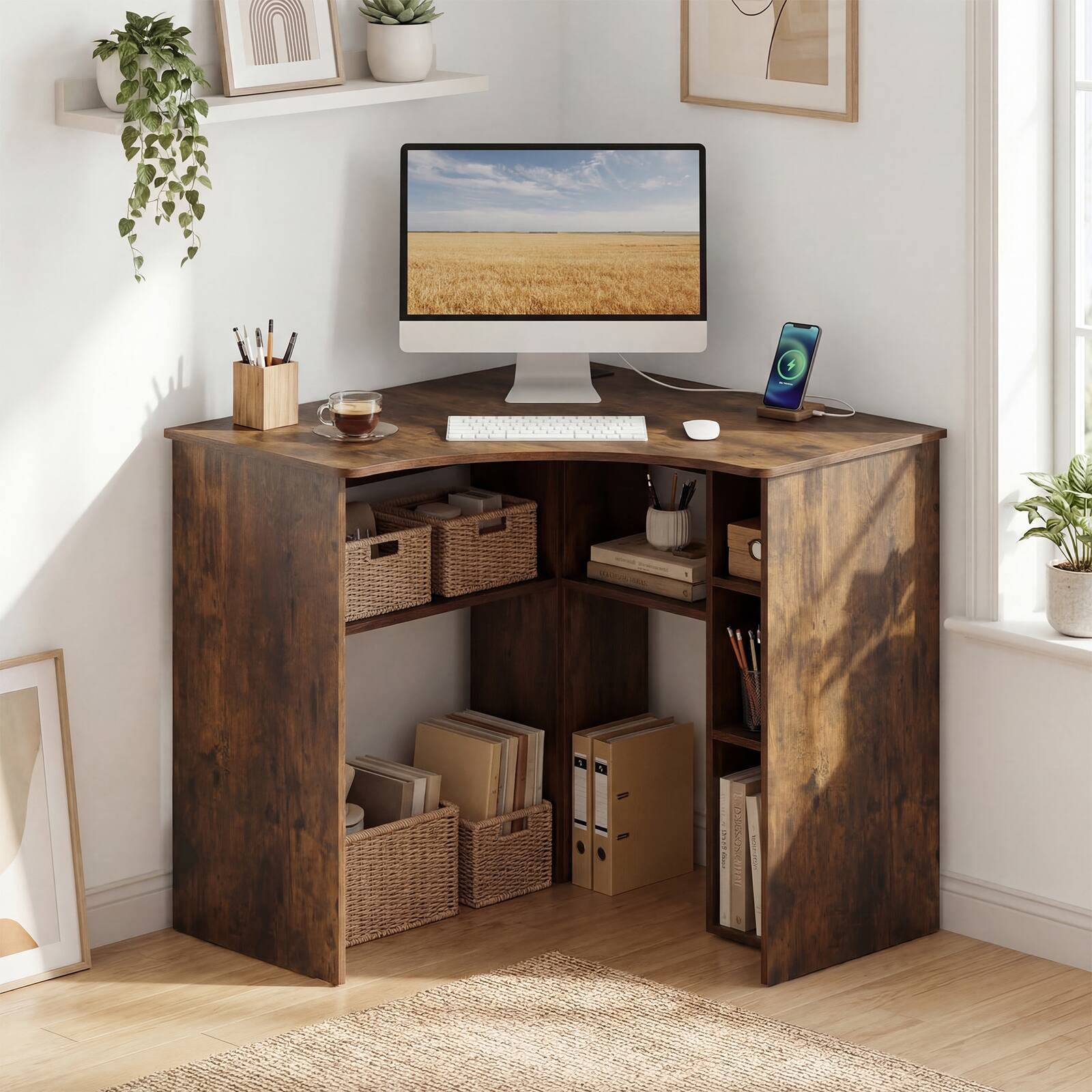 Alt View 3. Costway - Costway Corner Desk with Charging Station, Ergonomic Curved Edge & Open Storage Shelves - Rustic Brown.
