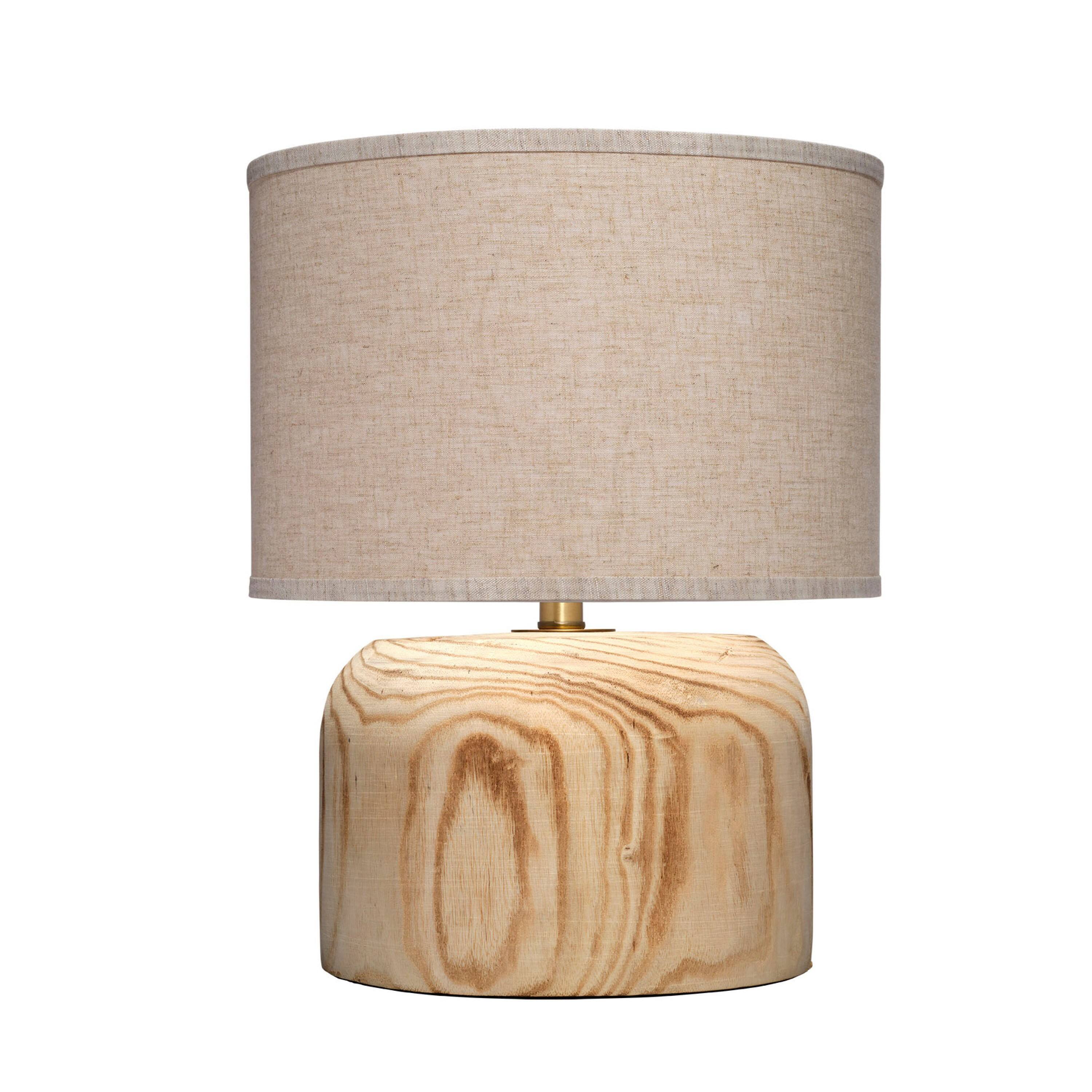Angle. Manhattan Lane - Timy Accent Table Lamp, 18 Inch, Linen Drum Shade, Wood Base - Natural Brown, Oat Brown, Brass.