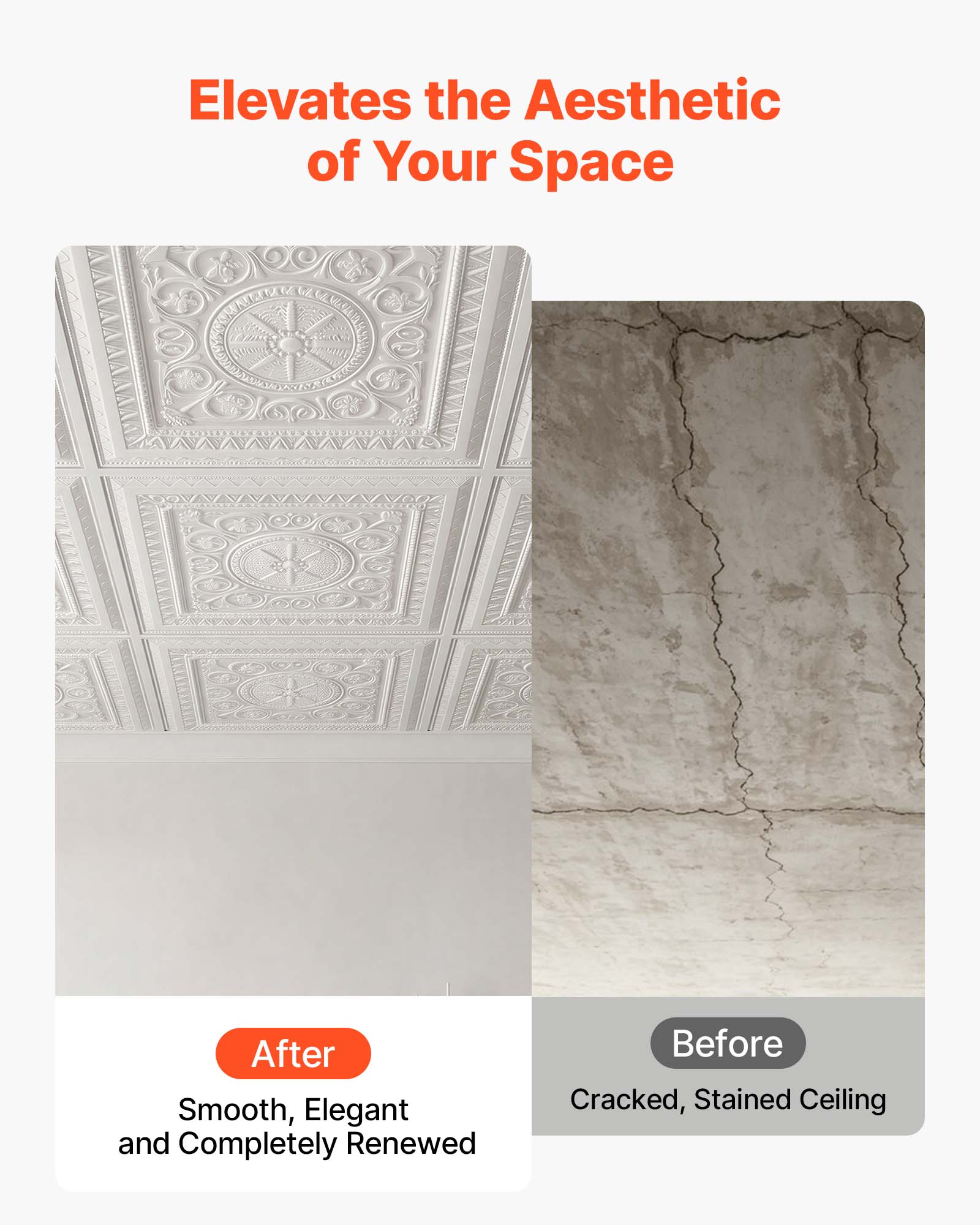 Elevates the Aesthetic of Your Space

After
Smooth, Elegant and Completely Renewed

Before
Cracked, Stained Ceiling