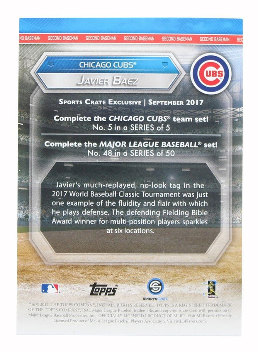 Sure, here is the corrected and grouped text from the image:

---

**CHICAGO CUBS**  
**JAVIER BAEZ**  
**SEPTEMBER 2017**

**SPORTS CRATE EXCLUSIVE**

Complete the CHICAGO CUBS team set!  
No. 5 in a SERIES of 5

Complete the MAJOR LEAGUE BASEBALL set!  
No. 48 in a SERIES of 50

Javier's much-replayed, no-look tag in the 2017 World Baseball Classic Tournament was just one example of the fluidity and flair with which he plays defense. The defending Fielding Bible Award winner for multi-position players sparkles at six locations.

**TOPPS G SPORTS CRATE & 2017 THE TOPPS COMPANY, INC. ALL RIGHTS RESERVED. TOPPS IS A REGISTERED TRADEMARK OF THE TOPPS COMPANY, INC.**

Major League Baseball trademarks and copyrights are used with permission of Major League Baseball Properties, Inc. OFFICIALLY LICENSED PRODUCT OF MLBPA. Visit MLB.com Officially Licensed Product of Major League Baseball Players Association Visit MLBPlayers.com

---

**ND BASEMAN**  
**SECOND BASEMAN**  
**SECOND