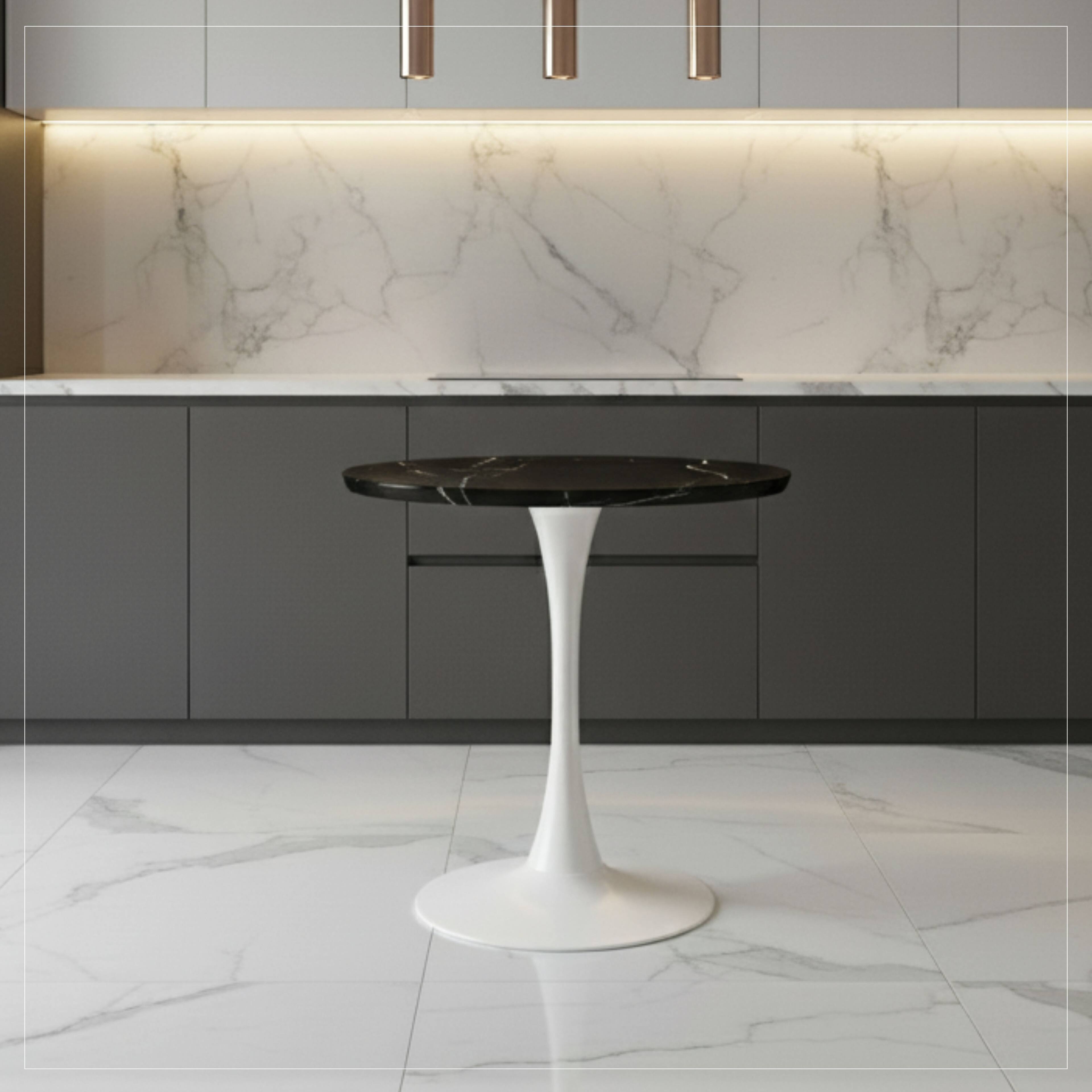 Left. LeisureMod - Bristol 27" Modern Round Dining Table with MDF Wood Top - Sleek Steel Pedestal Base - MDF - Cognac Brown.