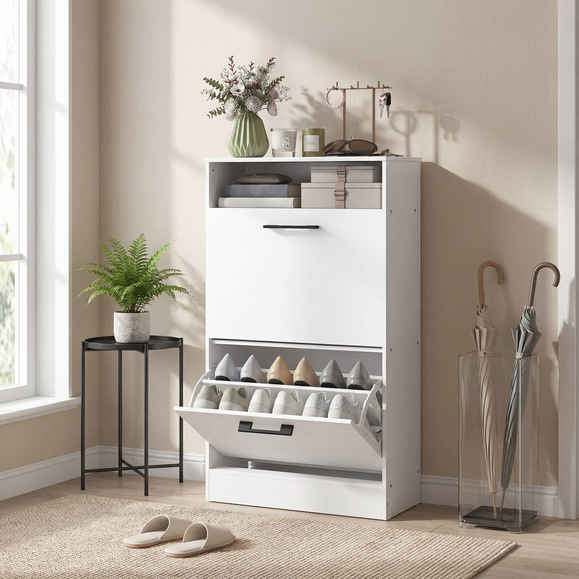 Alt View 8. Homcom - Cabinet 2 Flip Drawers Adjustable Dividers Shoe Storage Cabinet Top Shelf Entryway - White.