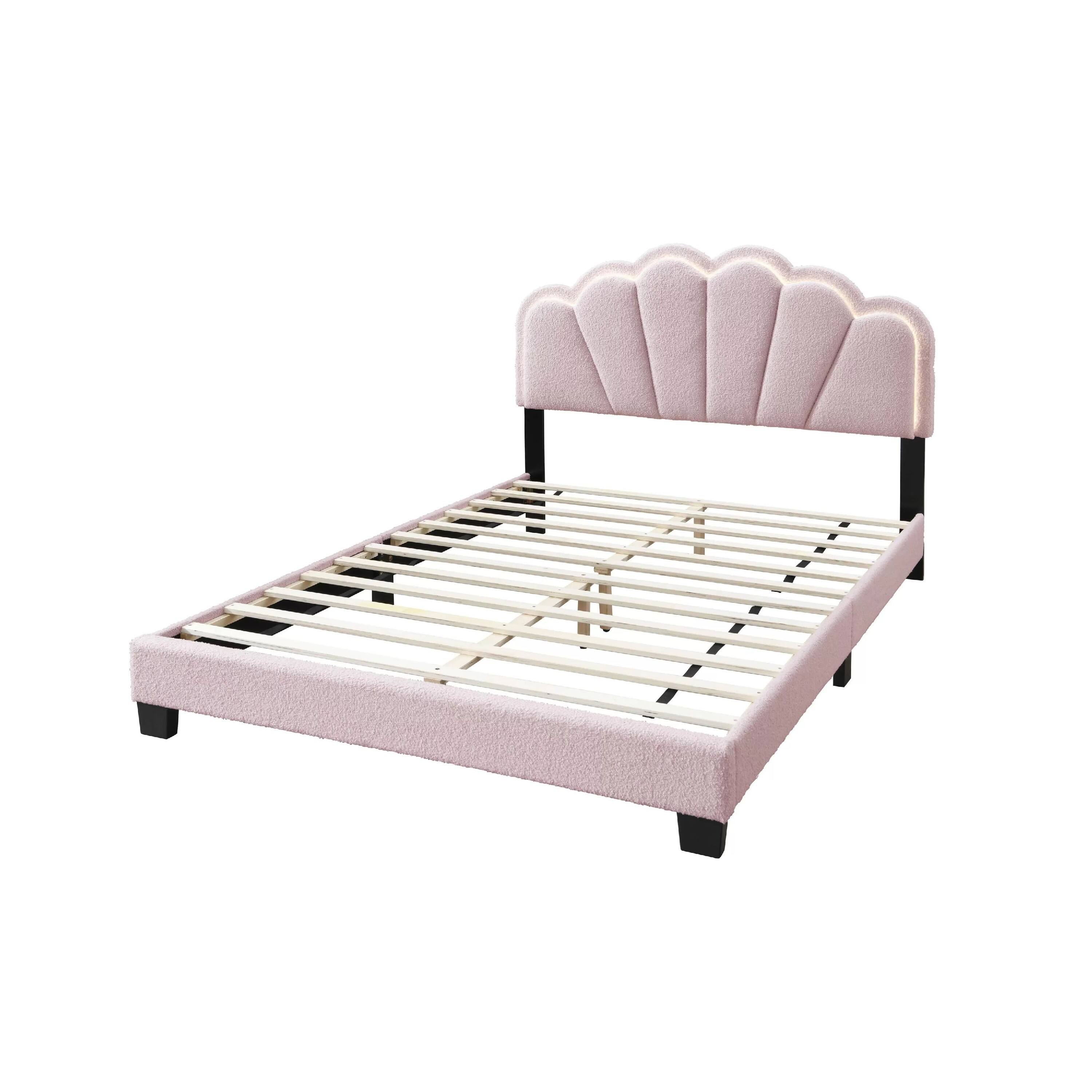 Angle. Manhattan Lane - Madsy Full Bed, Pink Upholstered Fan-Shaped Headboard, Metallic Accents - Pink, Black.