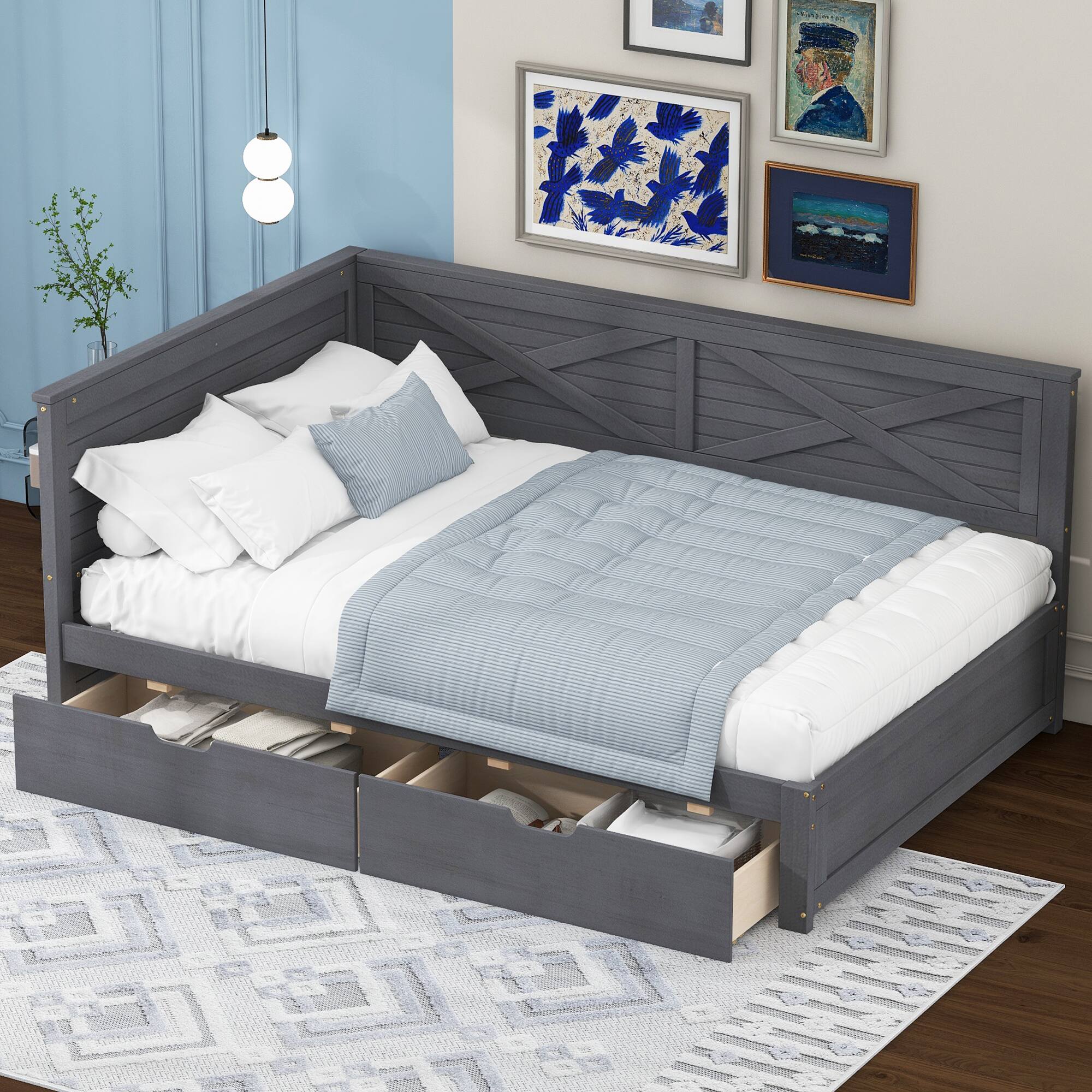 Front. Tiramisubest - Twin Size Wood Daybed with 2 Drawers and Rustic Guardrail, Ancient Grey - Grey.